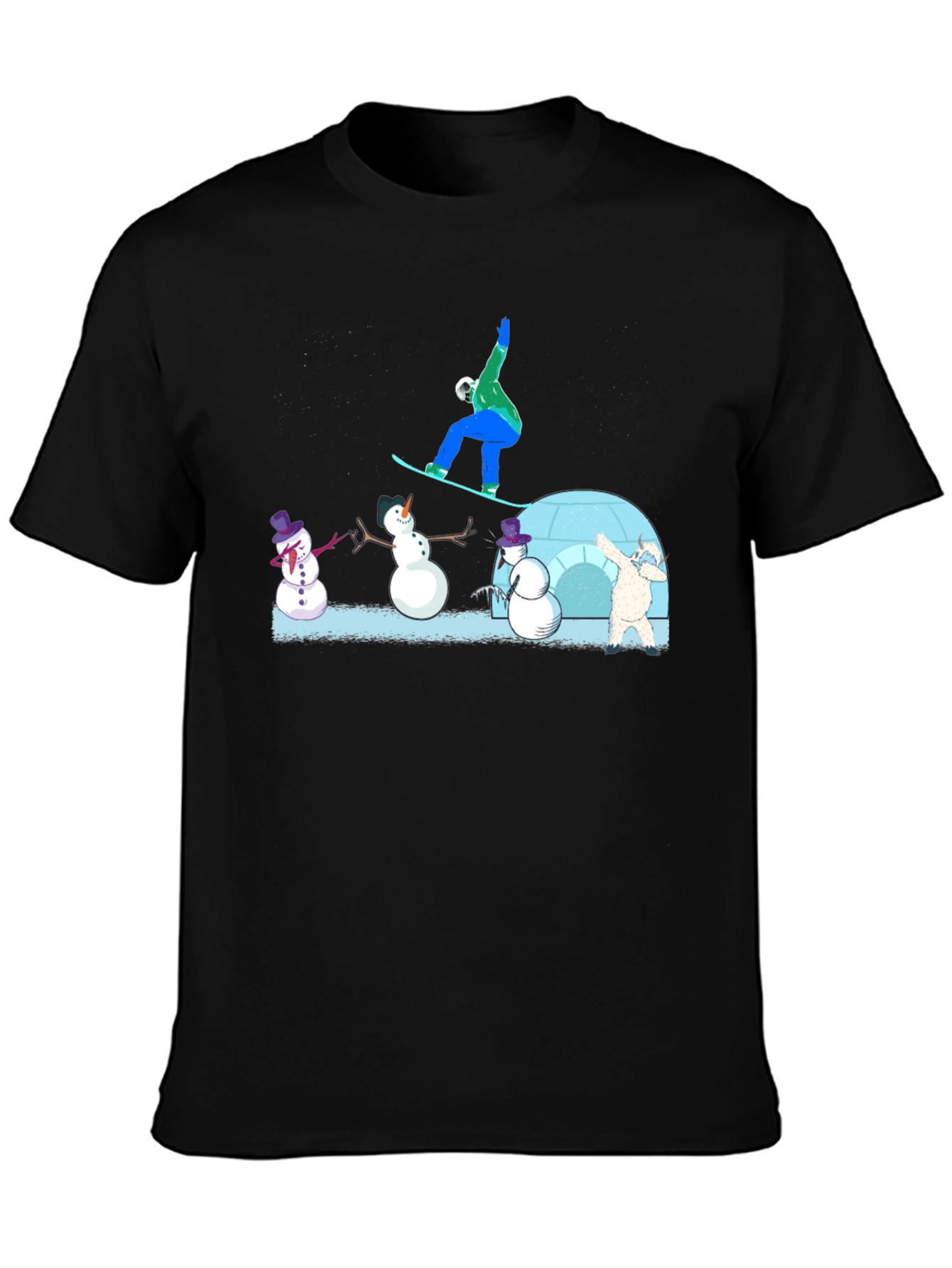 Black Snowboarder and Snowmen Graphic T-Shirt view 3