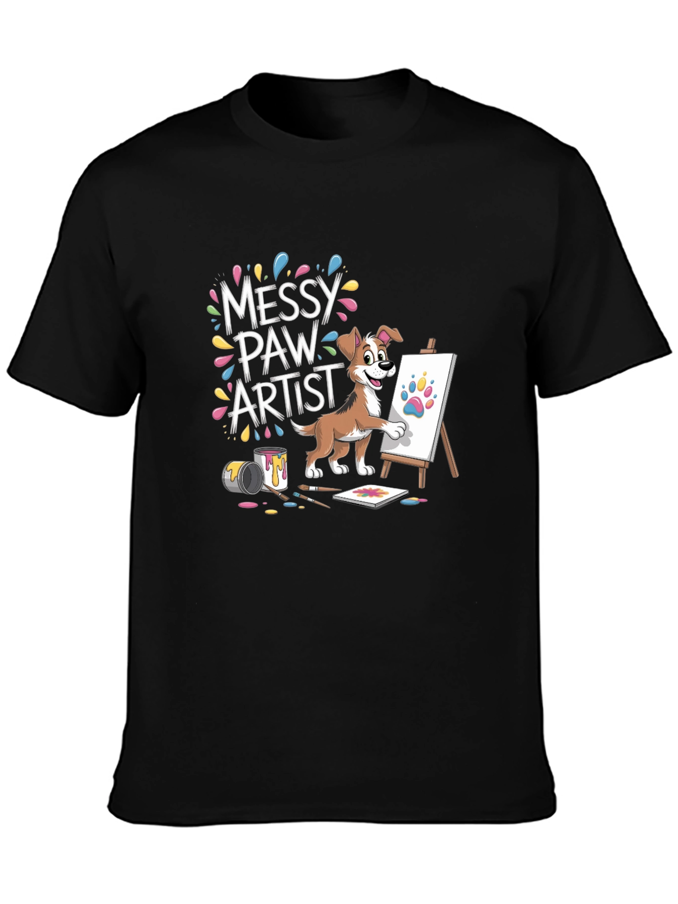 Black Messy Paw Artist T-Shirt - Cute Dog Painting Design view 3