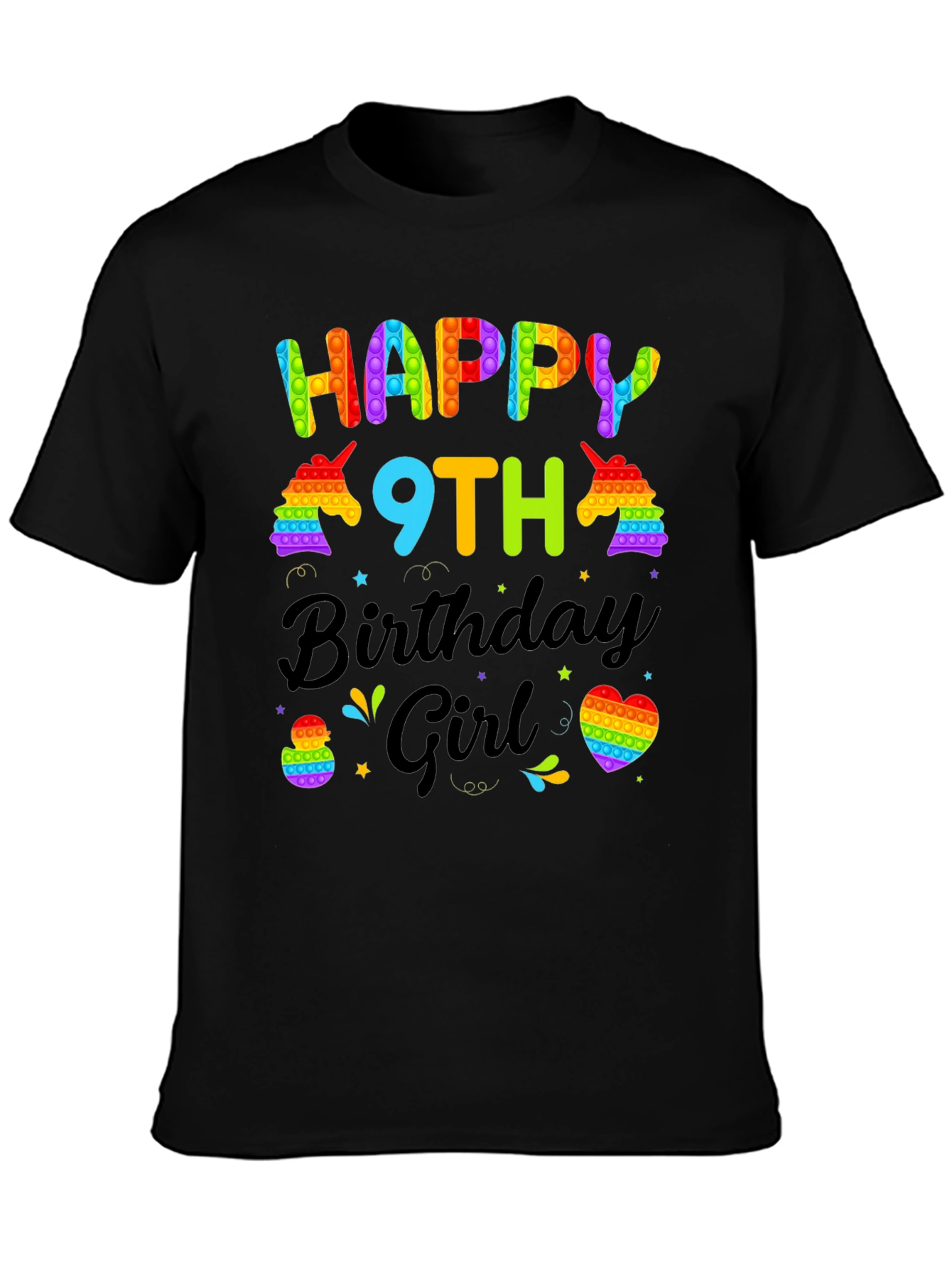 Black Happy 9th Birthday Girl T-Shirt - Pop It Unicorn view 3