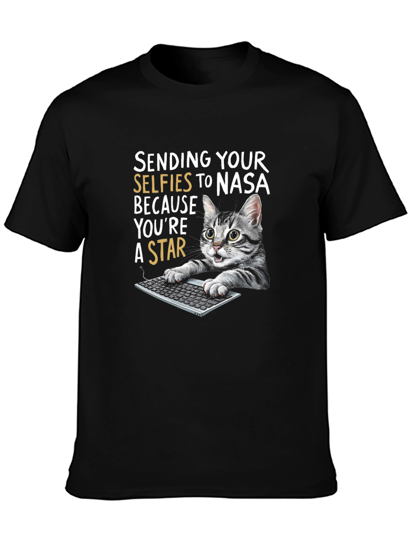 Black Funny Cat T-Shirt - Sending Selfies to NASA view 3