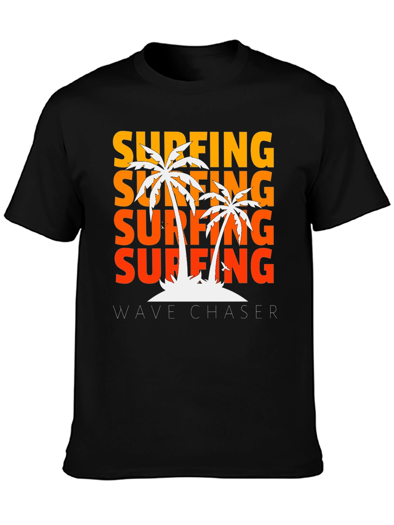 Black Surfing Wave Chaser Black T-Shirt with Palm Tree Design view 3