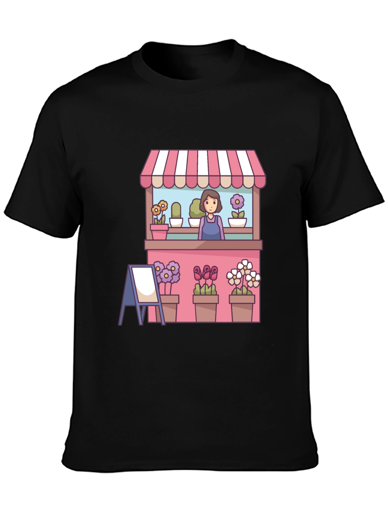 Black Florist Cartoon Graphic Tee - Black Casual T-Shirt view 3
