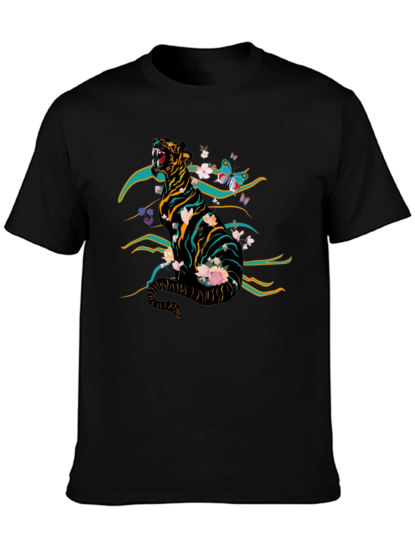 Black Tiger & Floral Graphic Print Tee - Black view 3