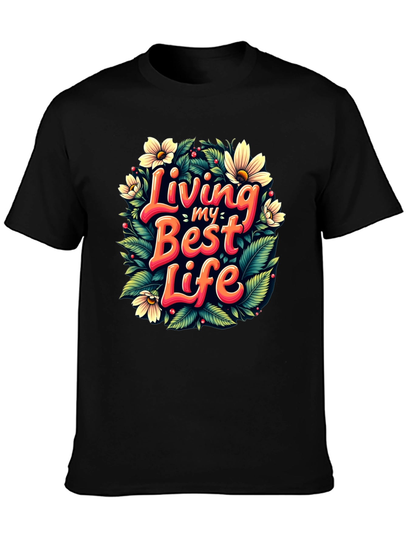 Black Living My Best Life T-Shirt - Floral Design view 3