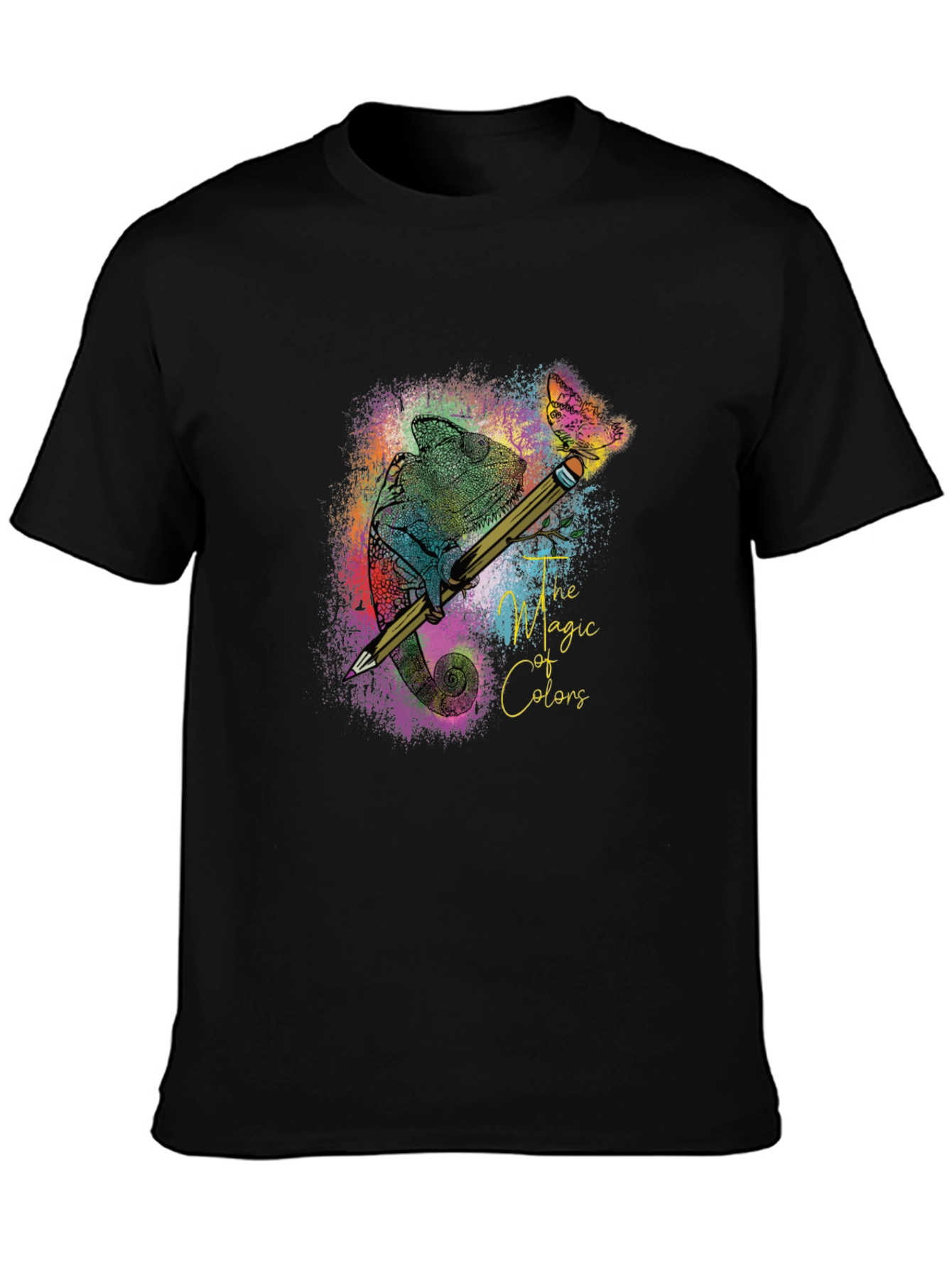 Black The Magic of Colors T-Shirt: Chameleon & Pencil Design view 3