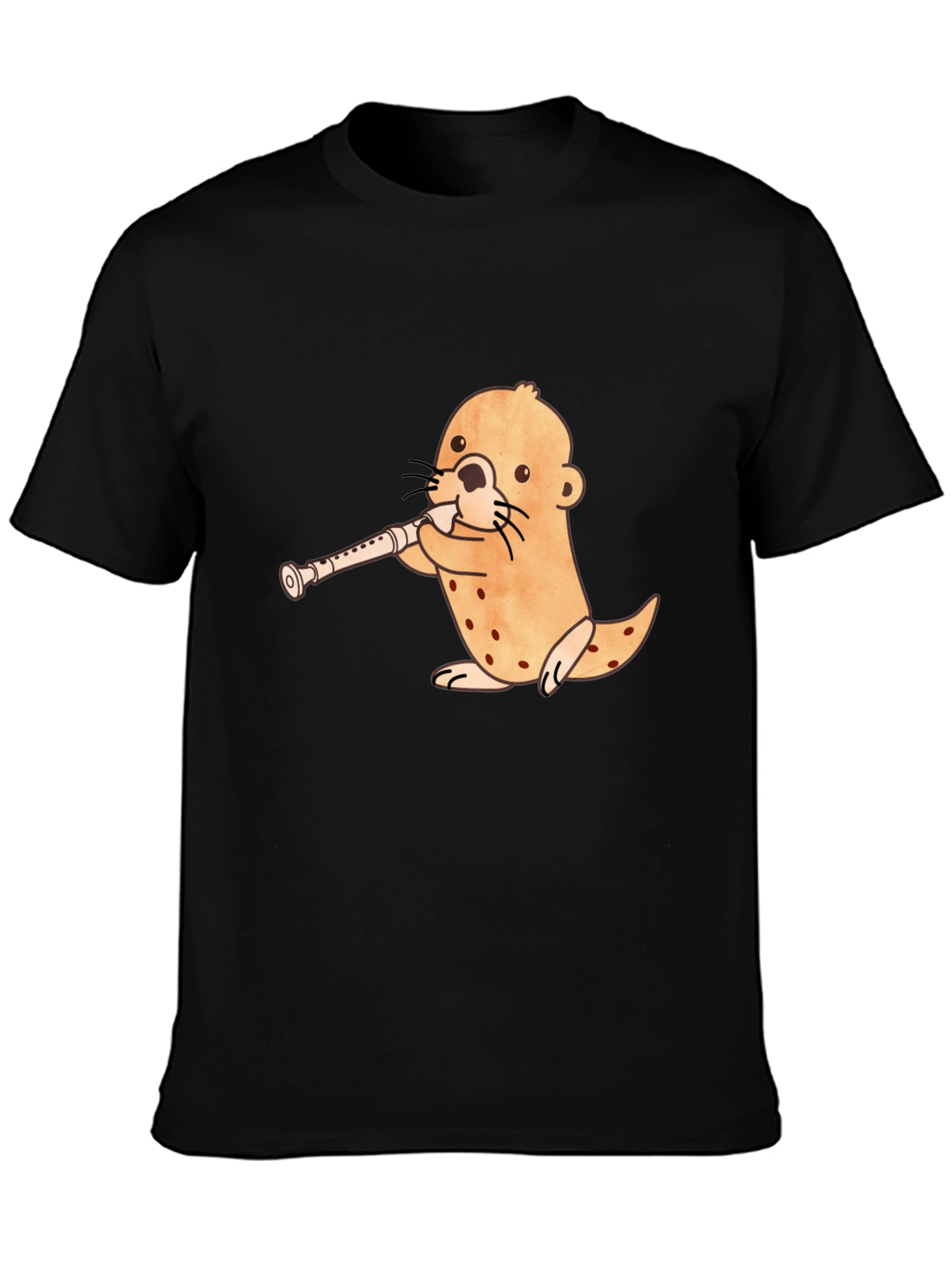 Black Funny Otter Playing Flute Black T-Shirt view 3