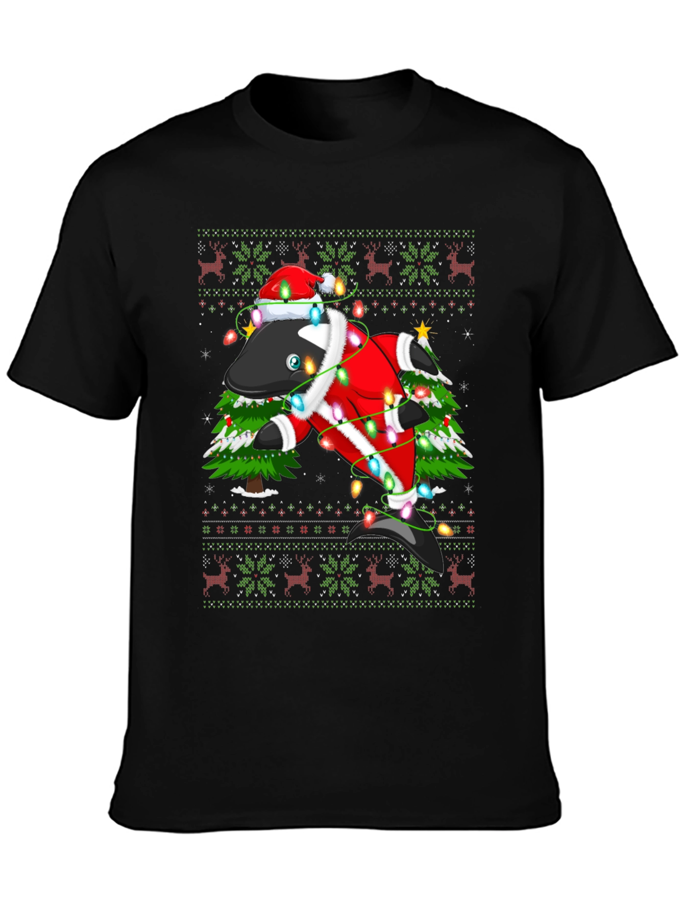 Black Festive Orca Ugly Christmas T-Shirt view 3