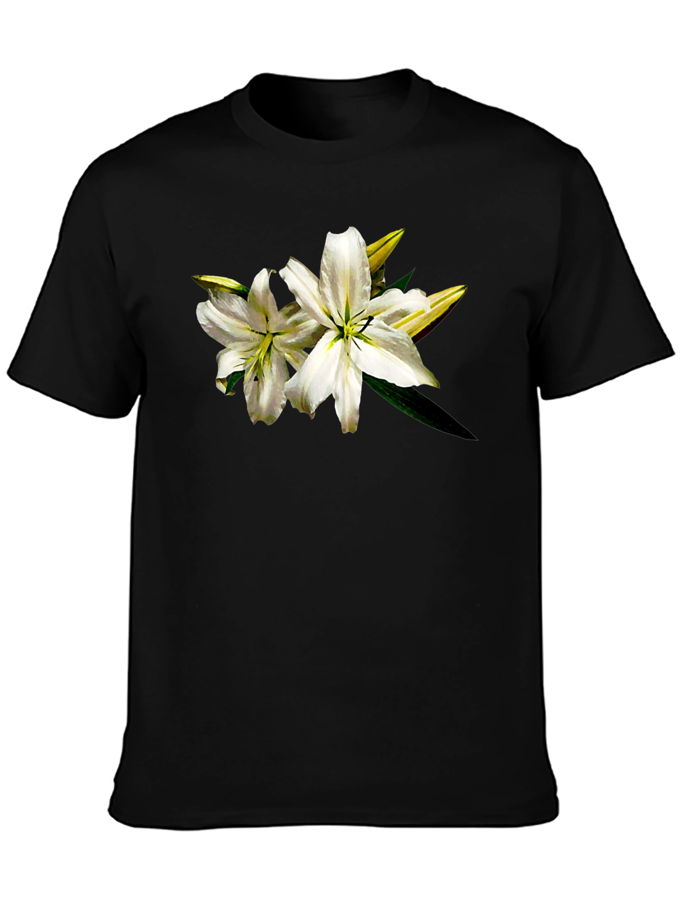 Black White Lily Graphic Tee - Black Cotton T-Shirt view 3