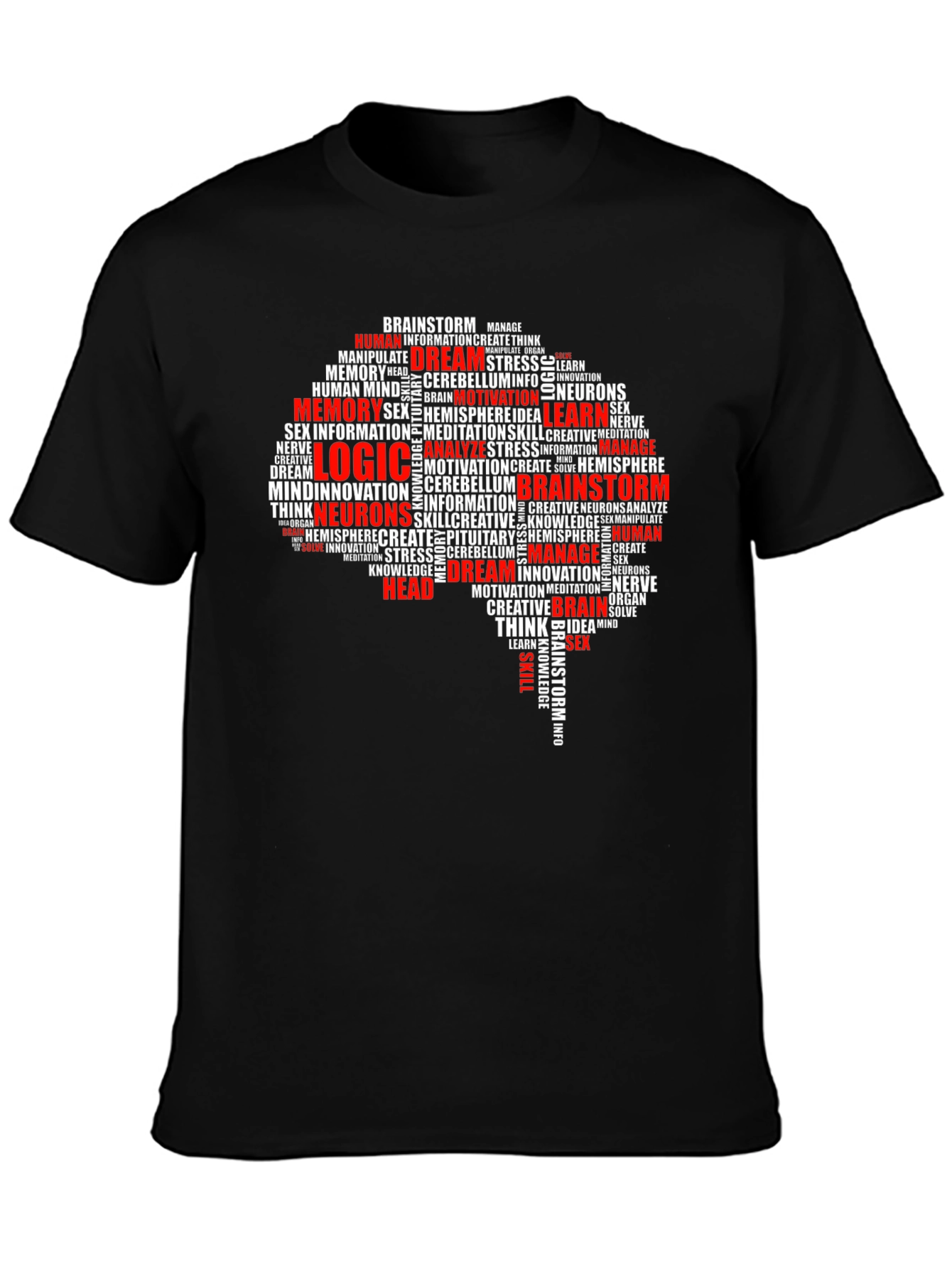 Black Brain Word Art Black T-Shirt - Logic, Memory, Brainstorm view 3
