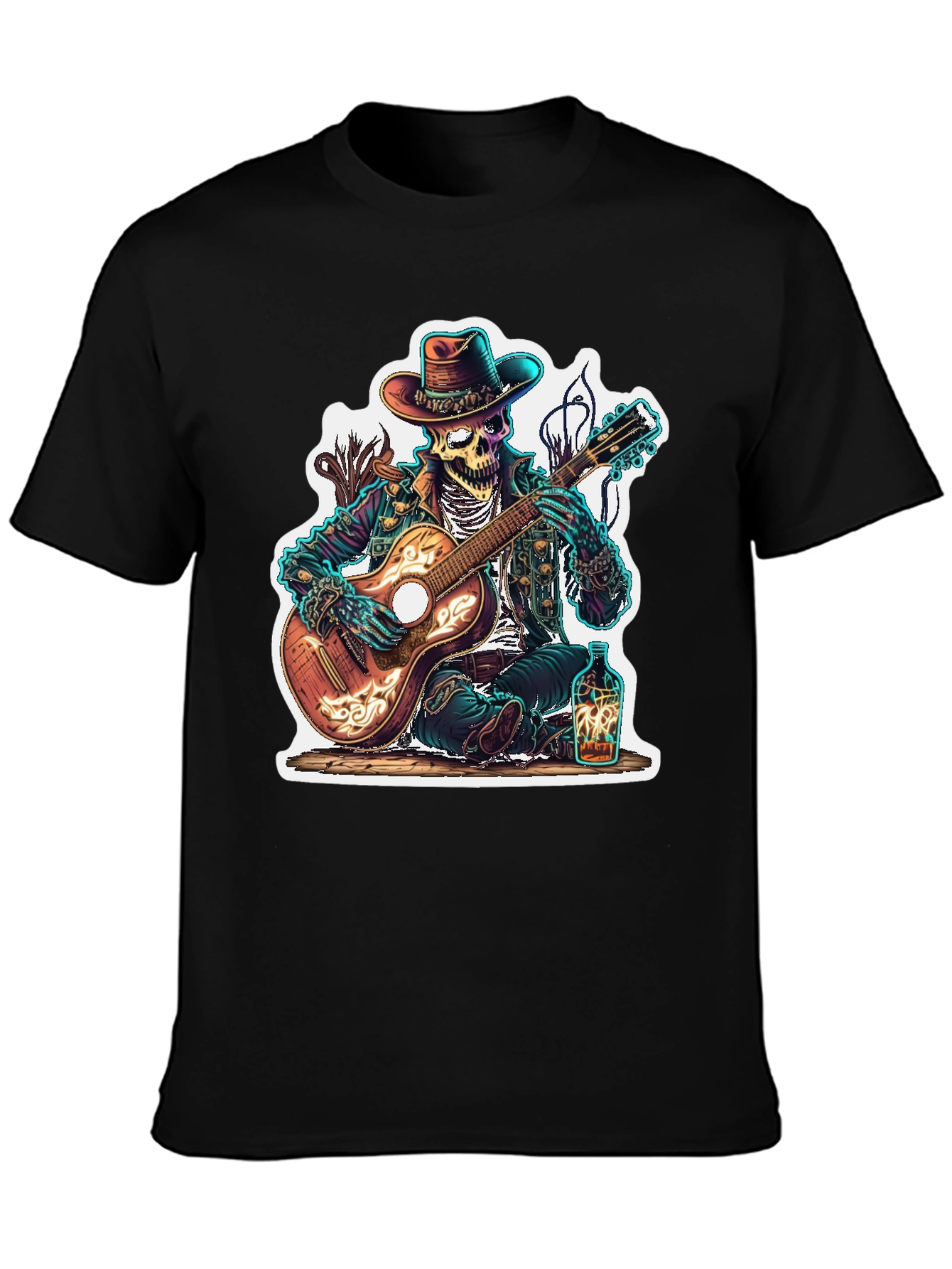 Black Skeleton Cowboy Guitarist Graphic Tee view 3