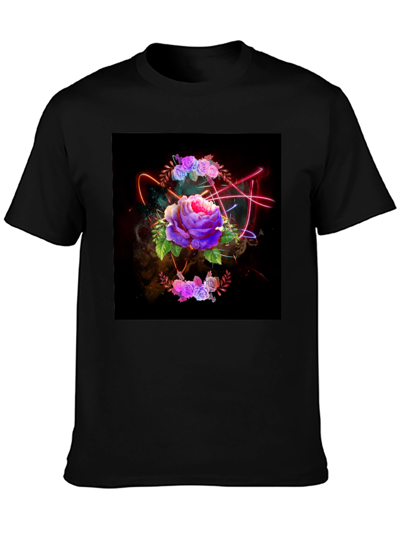 Black Floral Neon T-Shirt - Artistic Dark Design view 3