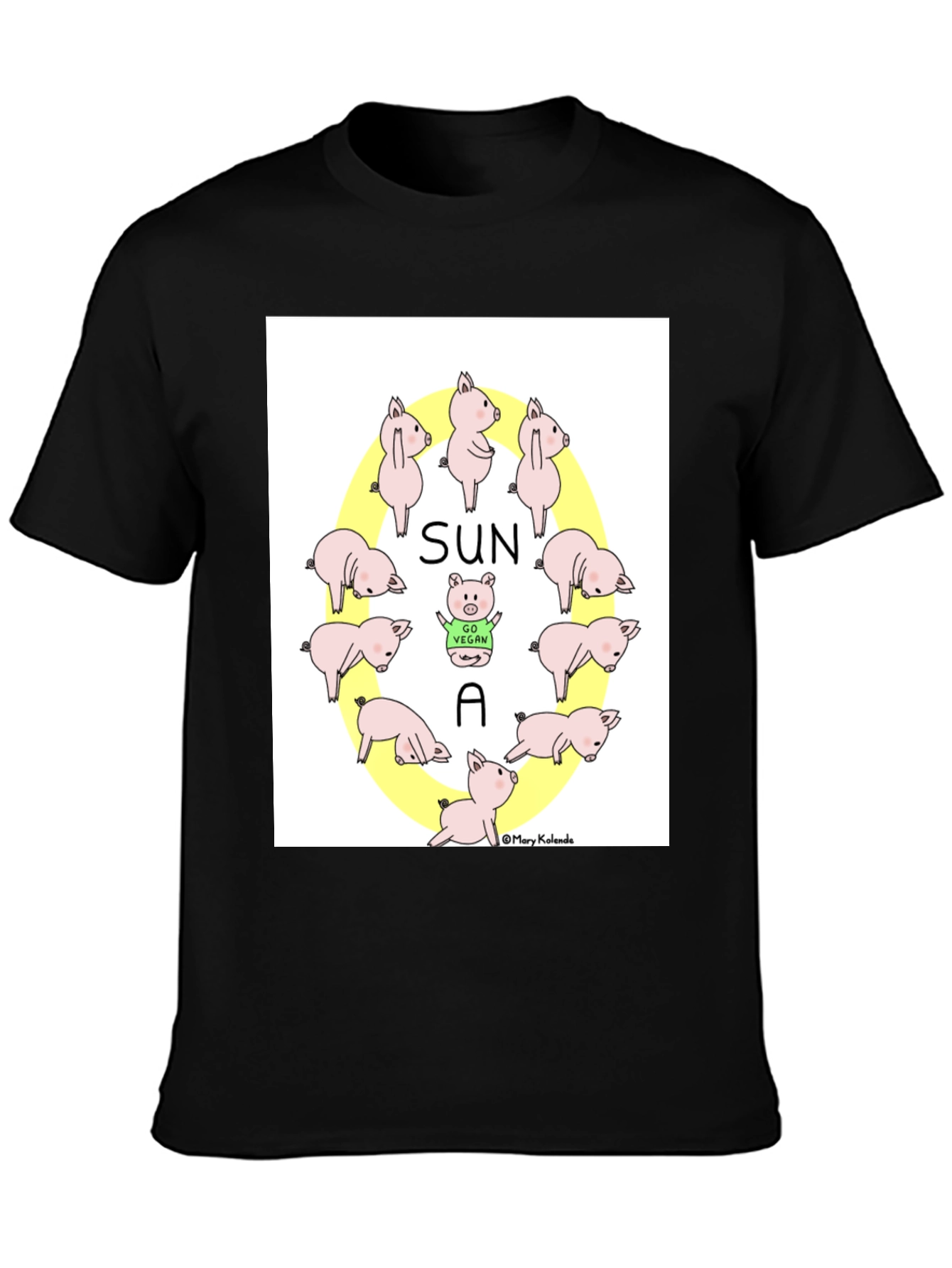 Black Cute Vegan Pig T-Shirt - Sun A Vegan Pun Tee view 3