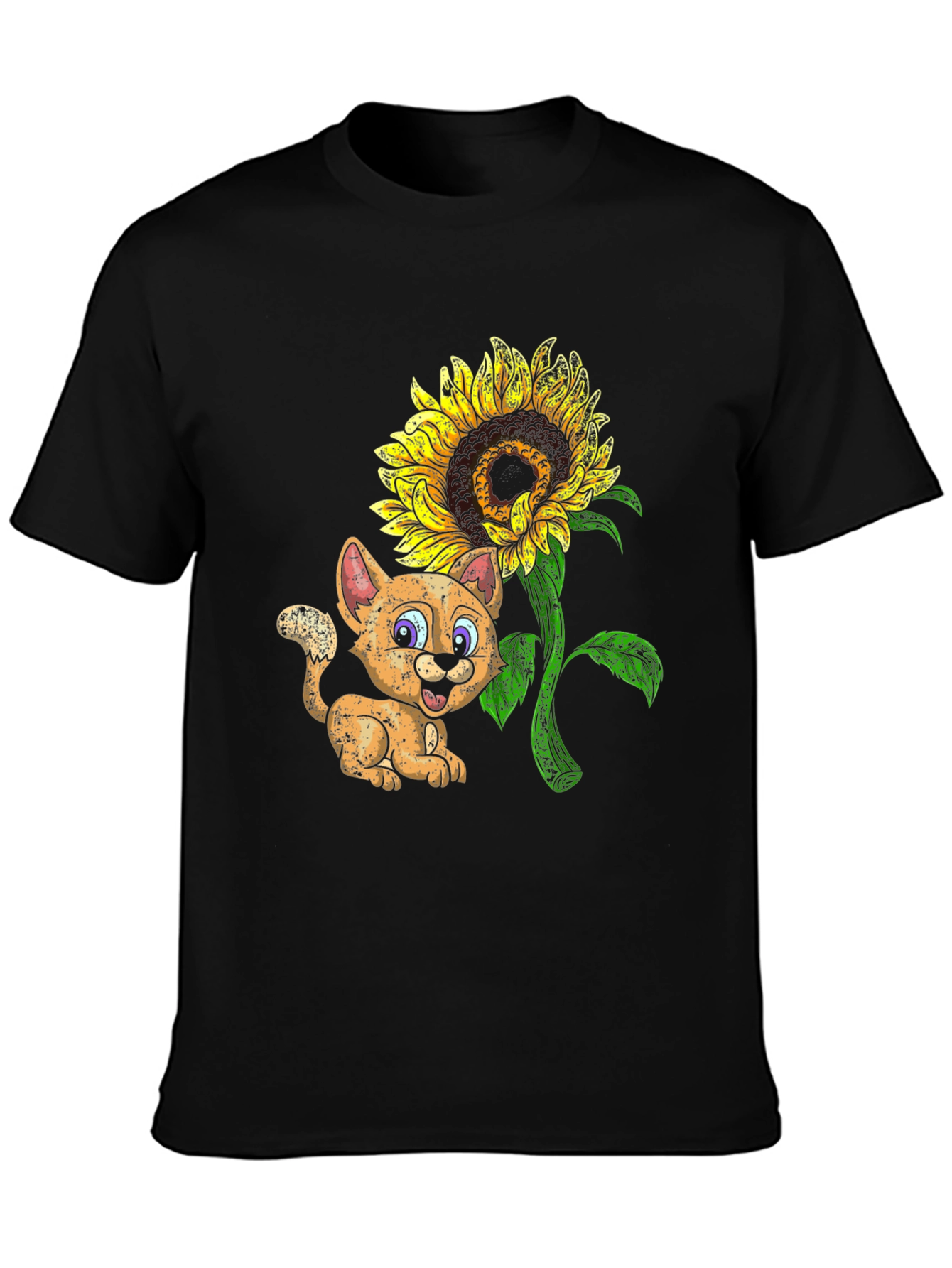 Black Cute Cartoon Cat & Sunflower Black T-Shirt view 3