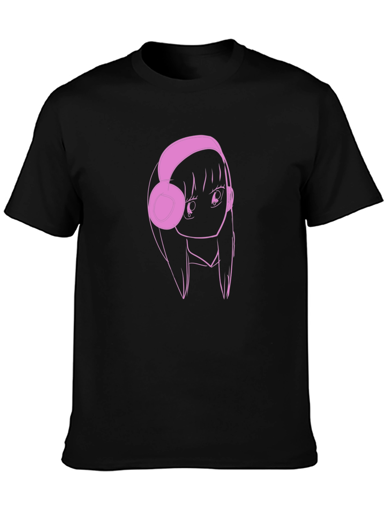 Black Anime Girl Pink Headphones Black T-Shirt view 3