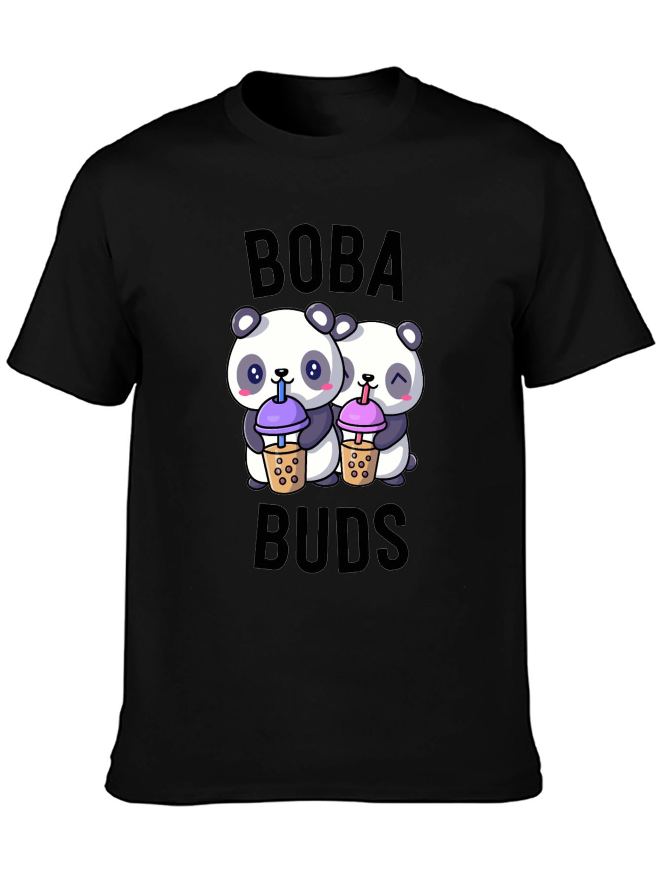 Black Boba Buds Panda T-Shirt: Cute Bubble Tea Lover Tee view 3
