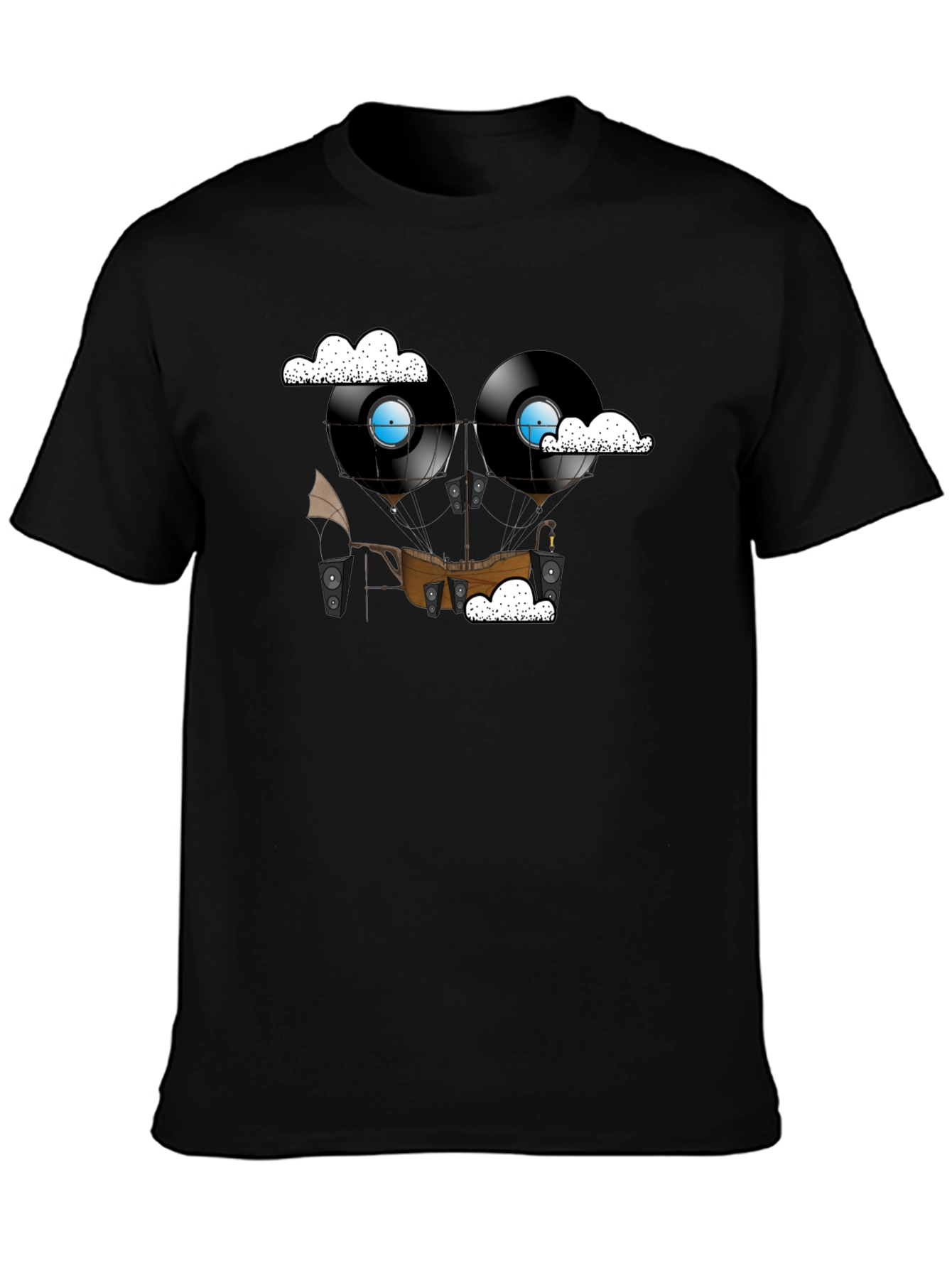 Black Steampunk Vinyl Record Airship Graphic Tee view 3