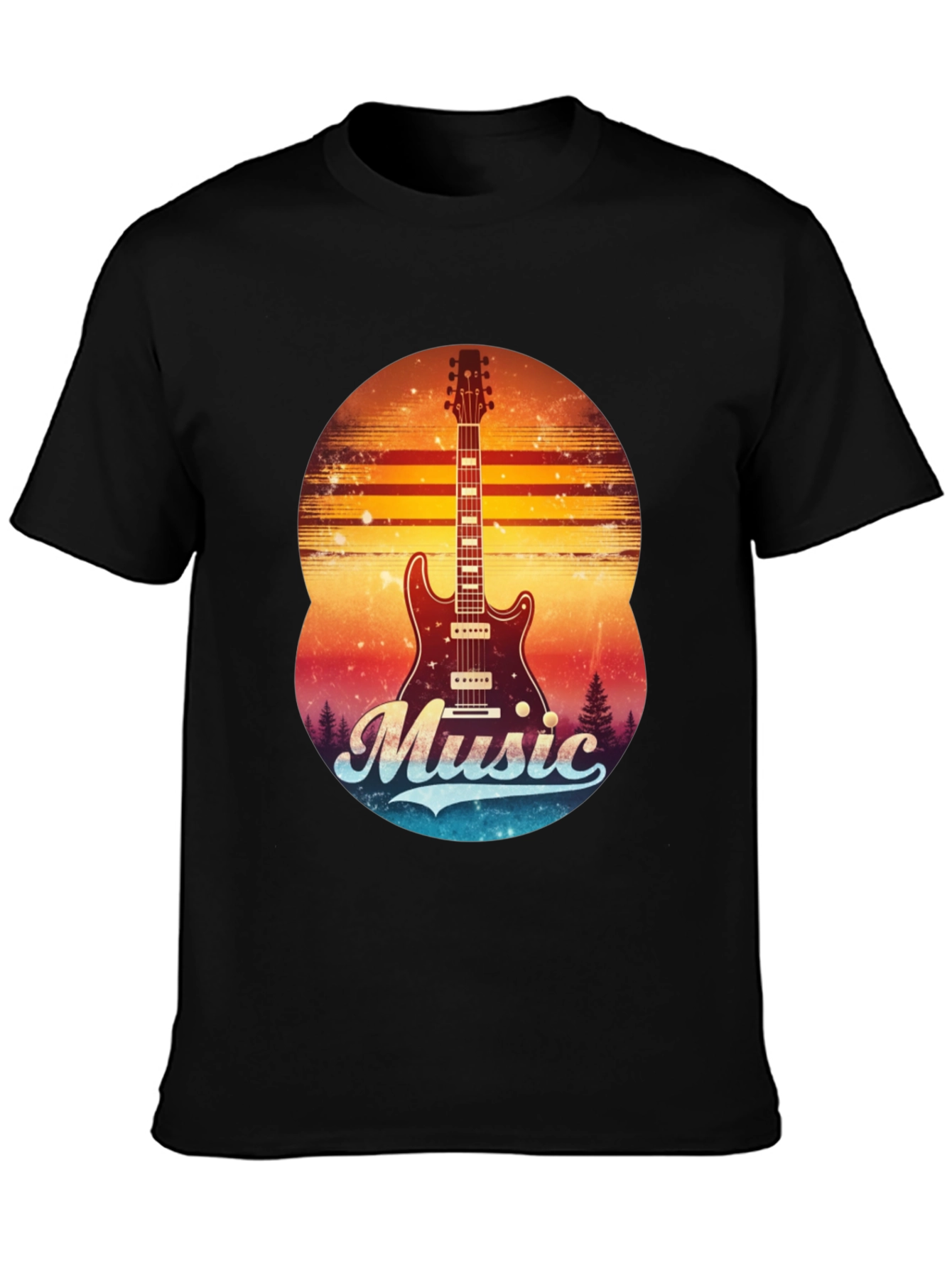 Black Retro Guitar Music T-Shirt view 3
