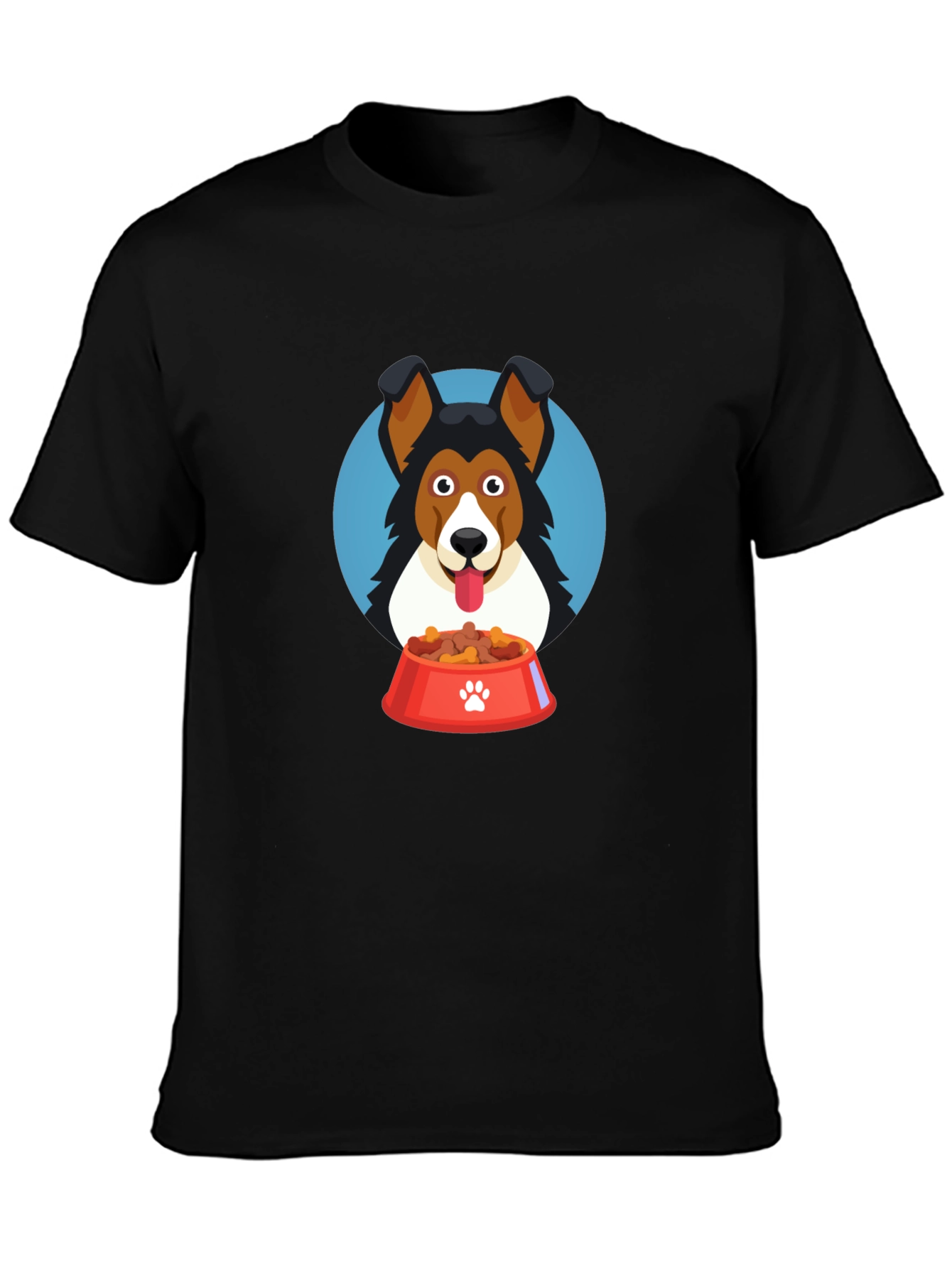Black Dog Lover T-Shirt - Cartoon Dog with Food Bowl Design view 3