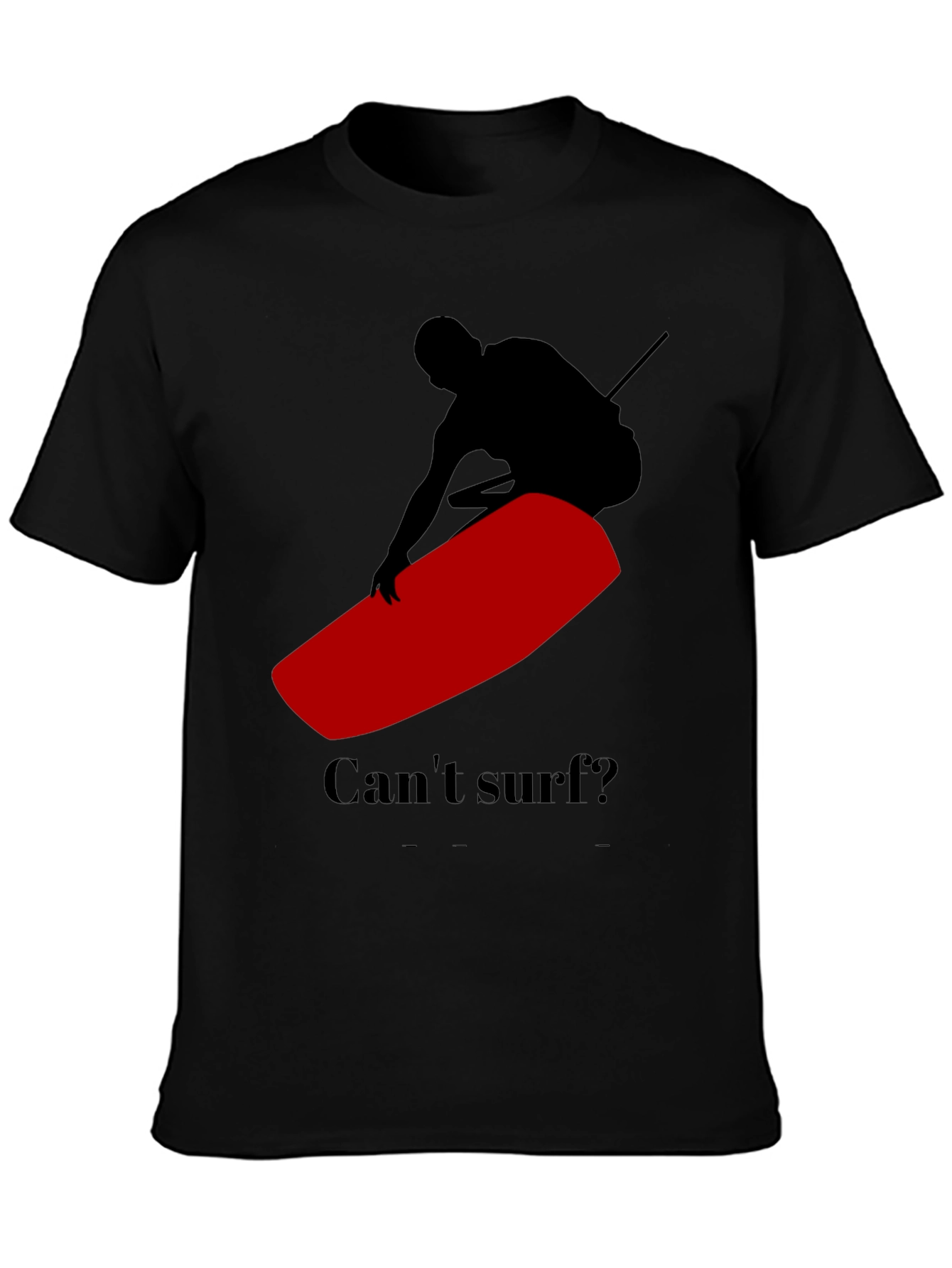 Black Can't Surf Black T-Shirt with Red Surfboard Graphic view 3