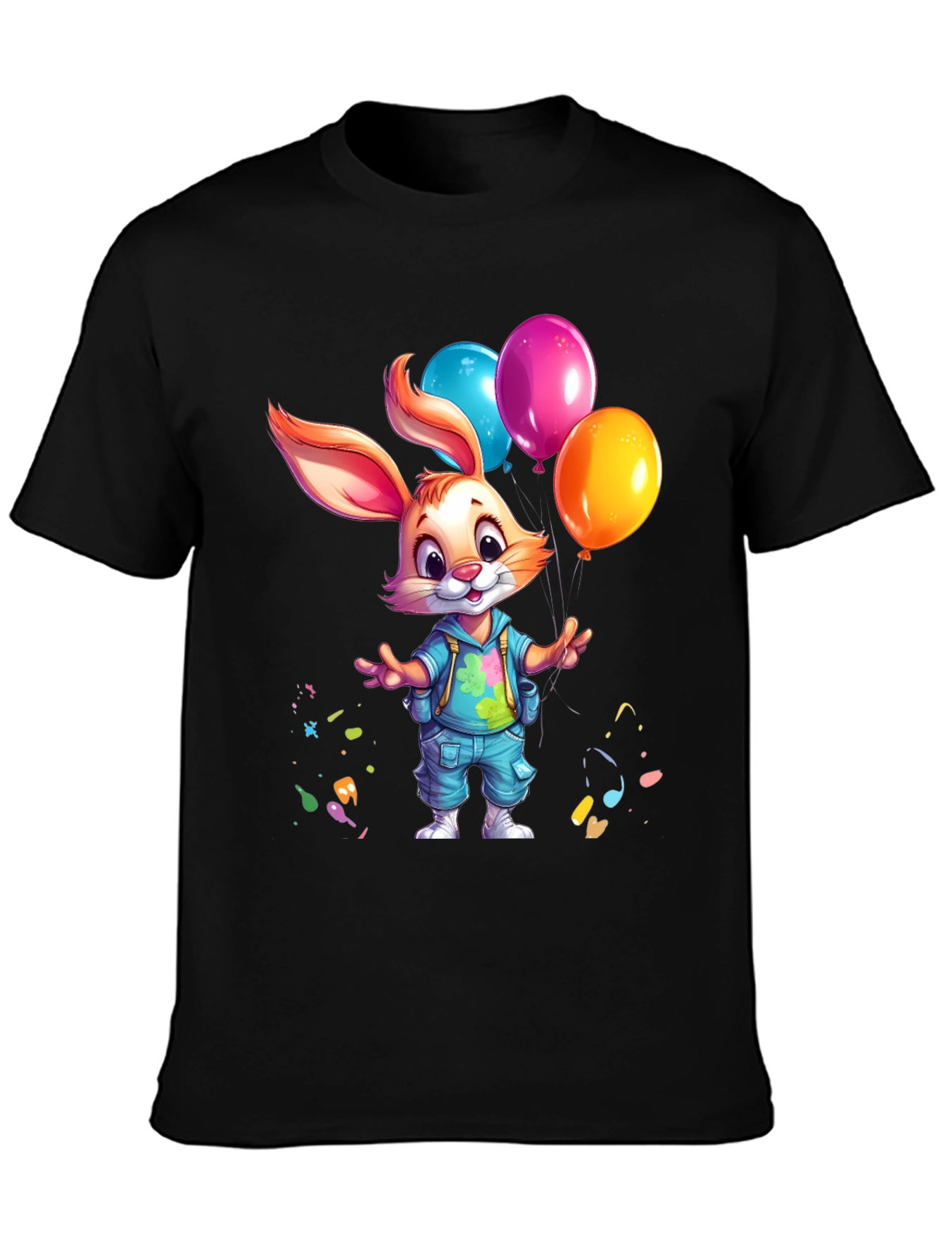 Black Cute Bunny with Balloons Graphic Tee view 3