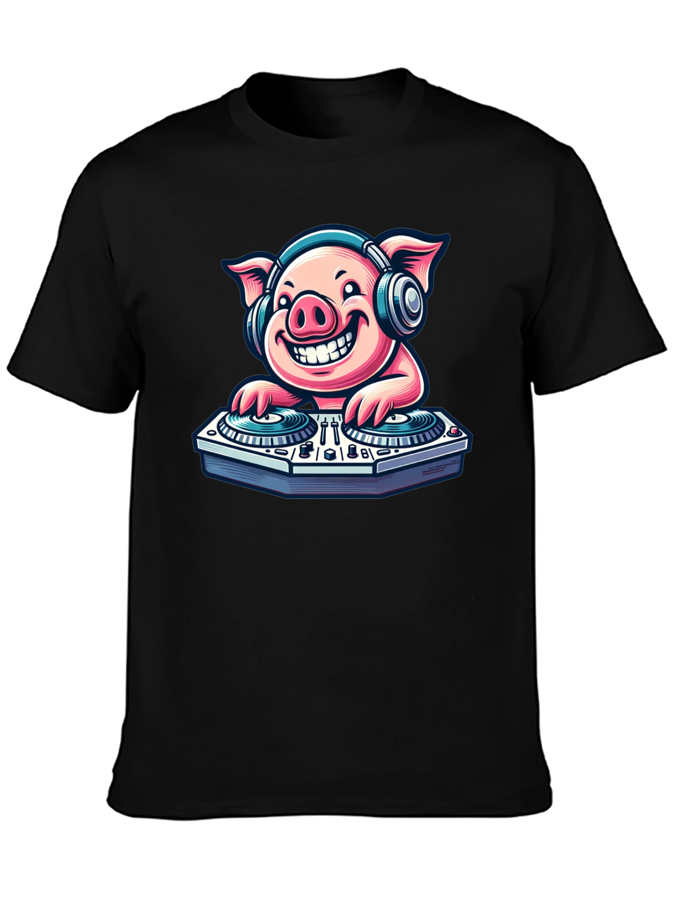 Black DJ Pig Graphic Tee - Cool Cartoon Pig T-Shirt view 3