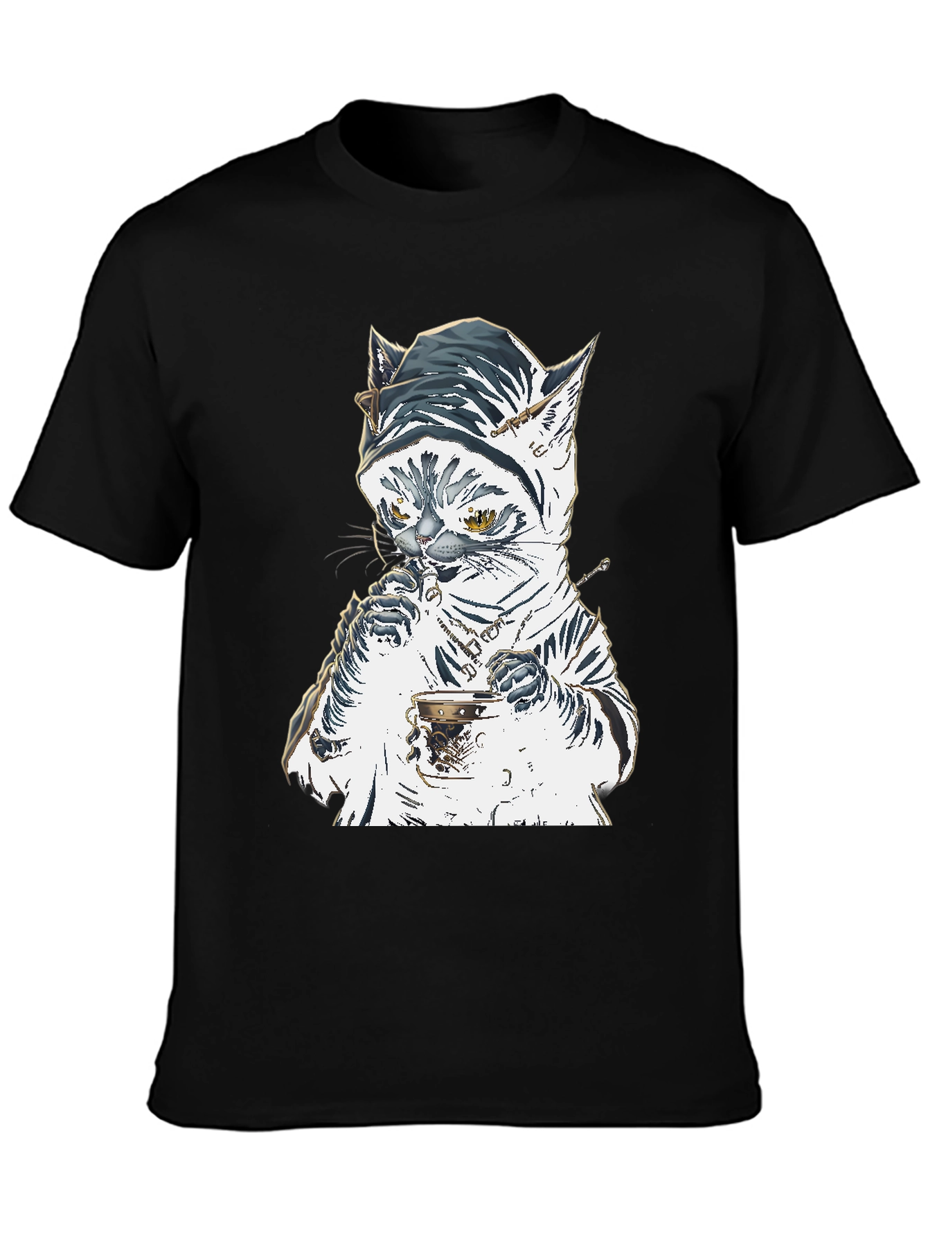Black Cat T-Shirt: Sophisticated Feline Tea Time view 3