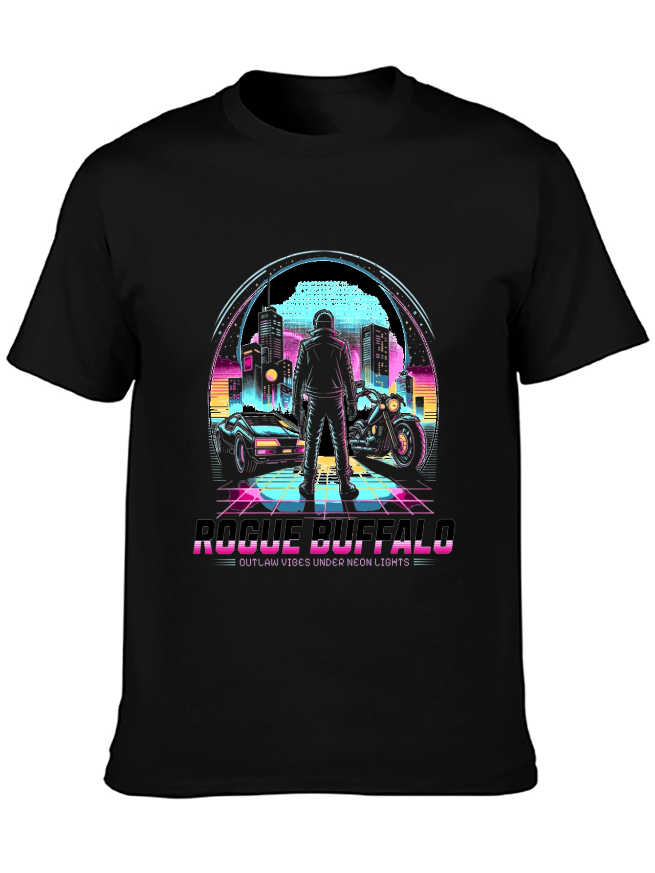 Black Retro Rogue Buffalo T-Shirt - Outlaw Neon Vibes view 3