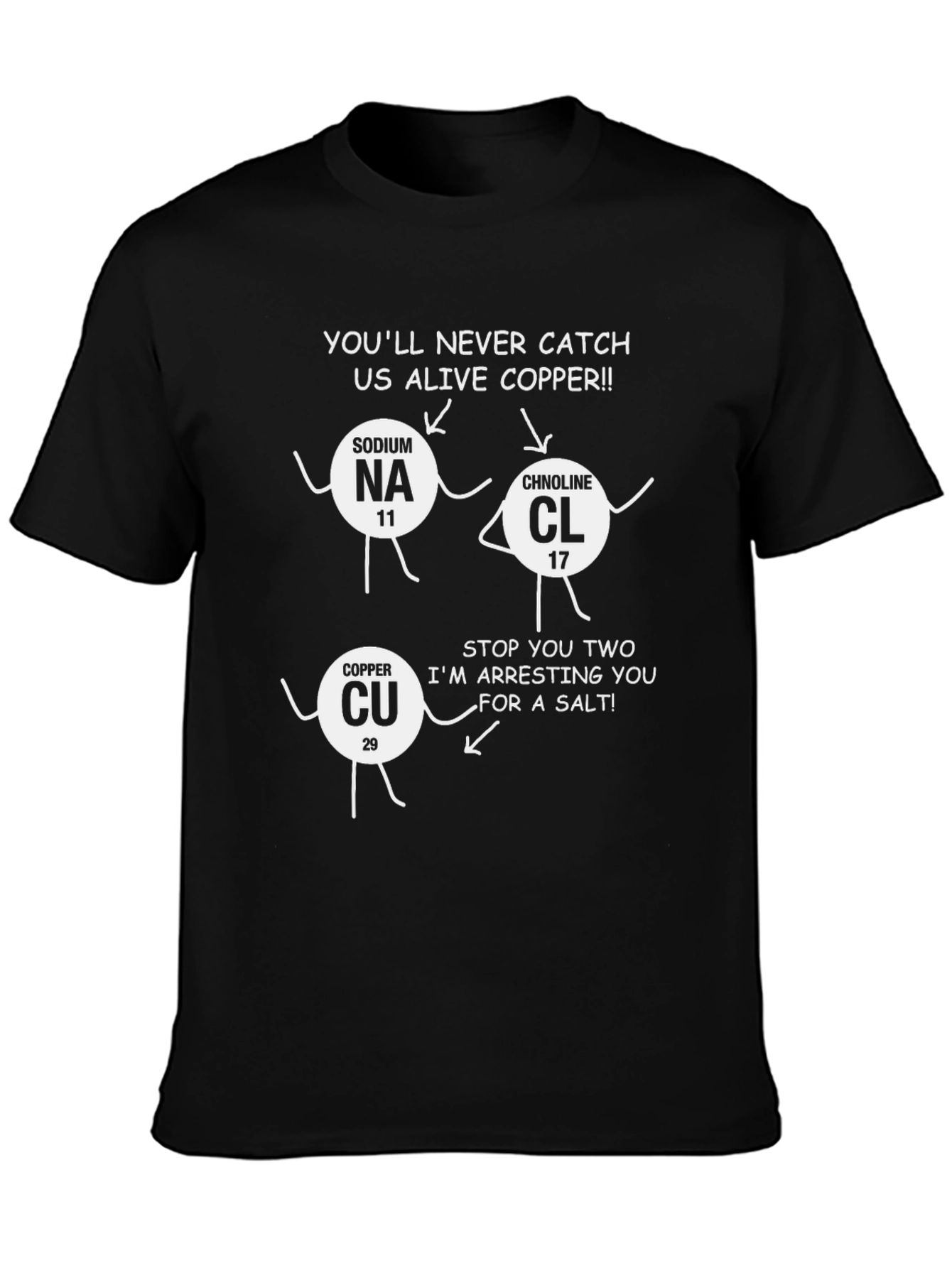 Black Funny Chemistry T-Shirt: Sodium, Chlorine & Copper Joke view 3