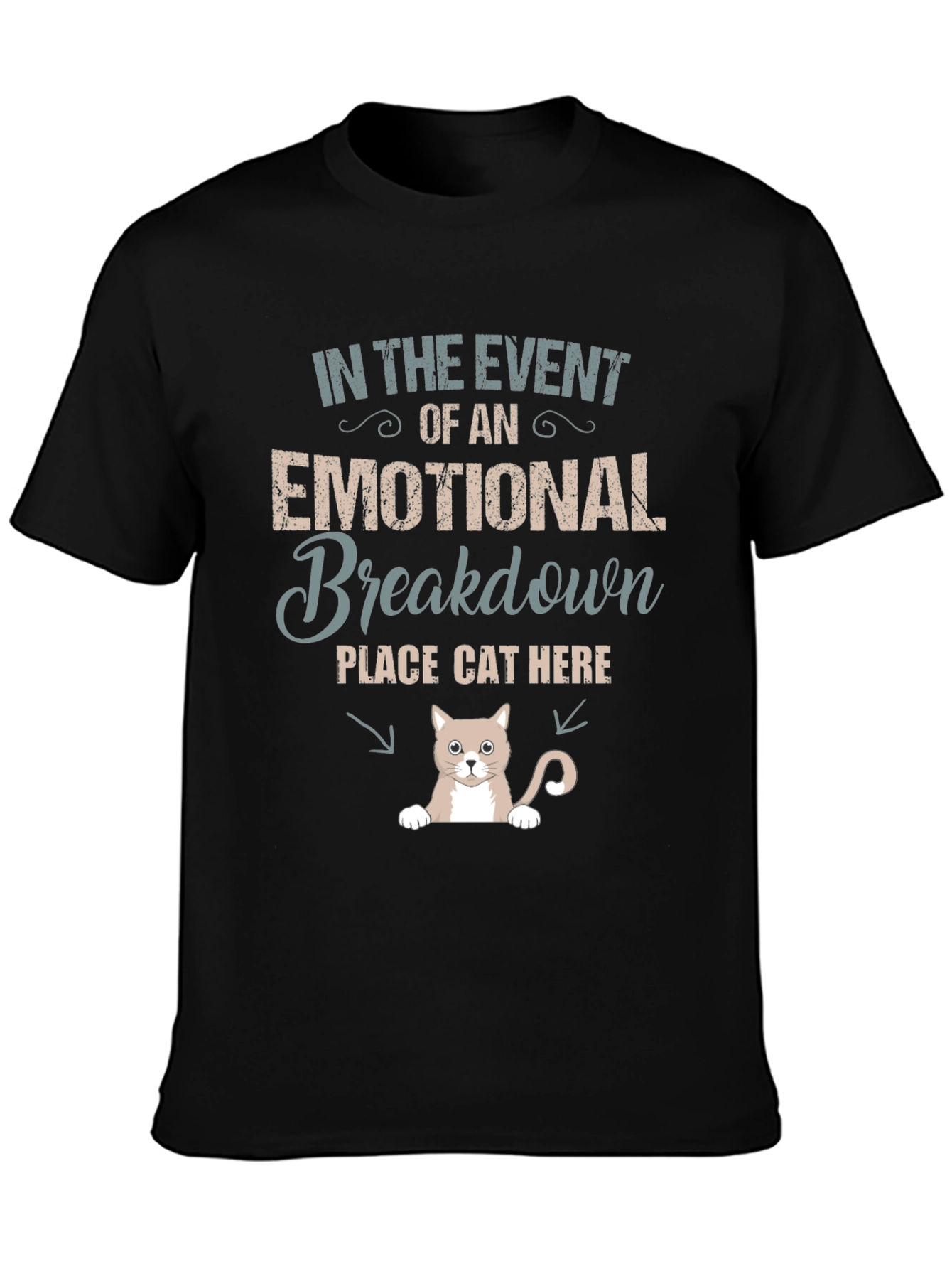 Black Emotional Breakdown Cat Here Graphic Tee view 3