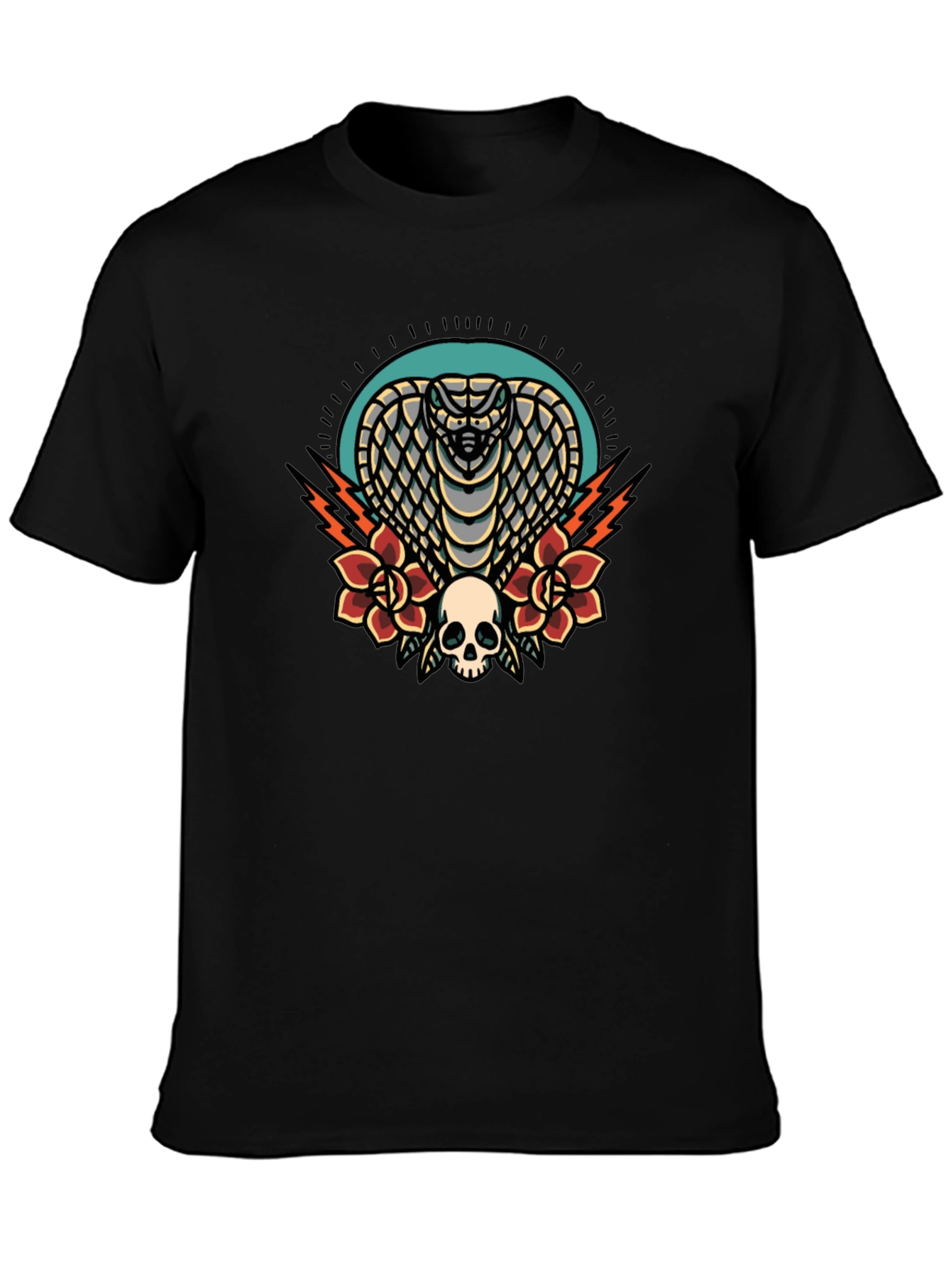 Black Cobra Skull Rose Graphic Tee - Black Cotton T-Shirt view 3