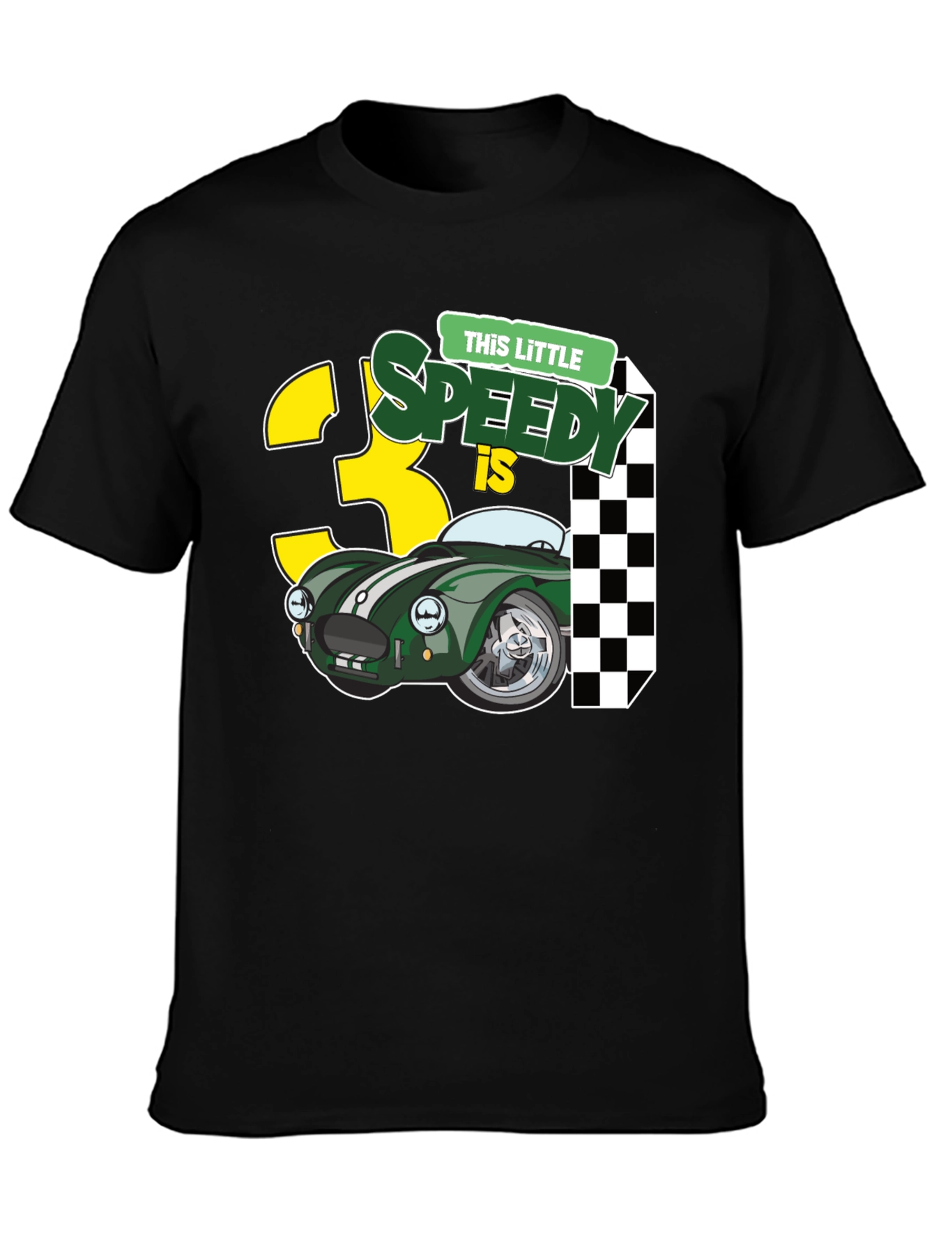 Black Little Speedy is 3 T-Shirt - Racing Car 3rd Birthday Tee view 3