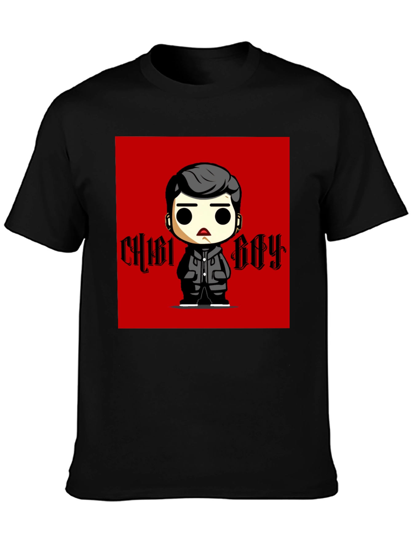 Black Chibi Boy Graphic Tee - Black Cotton T-Shirt view 3