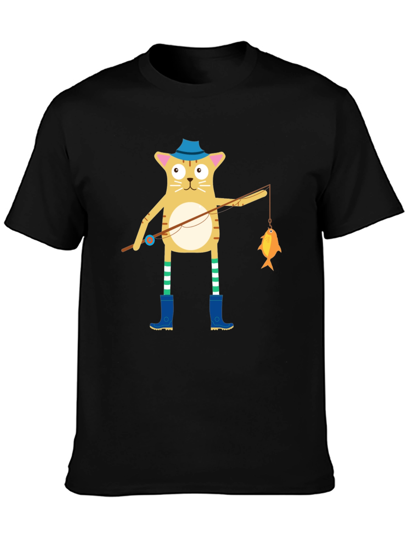 Black Cat Fisherman T-Shirt - Cute Cartoon Design view 3