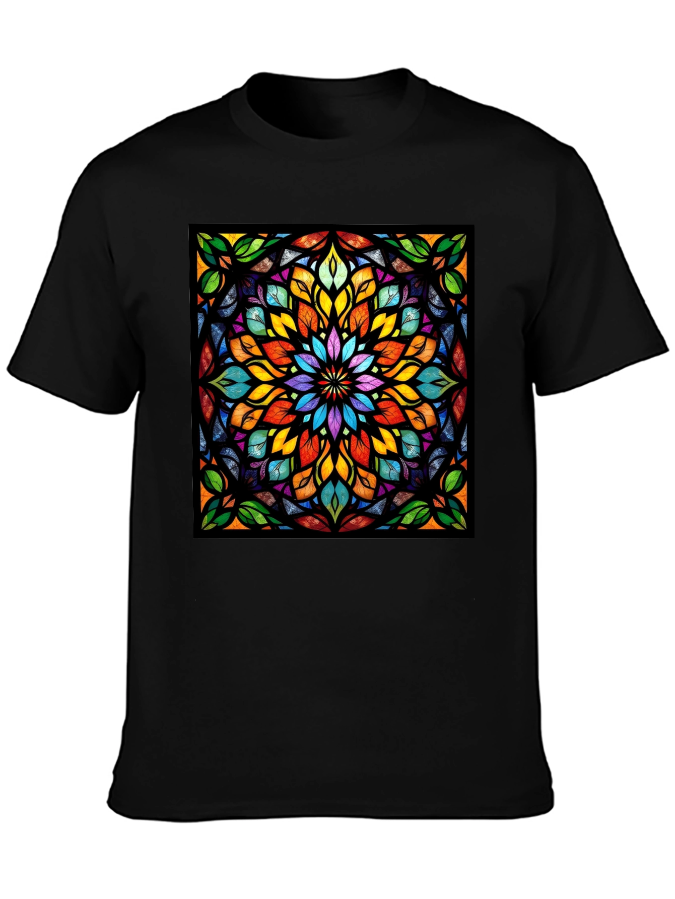 Black Kaleidoscope Stained Glass Design Black T-Shirt view 3