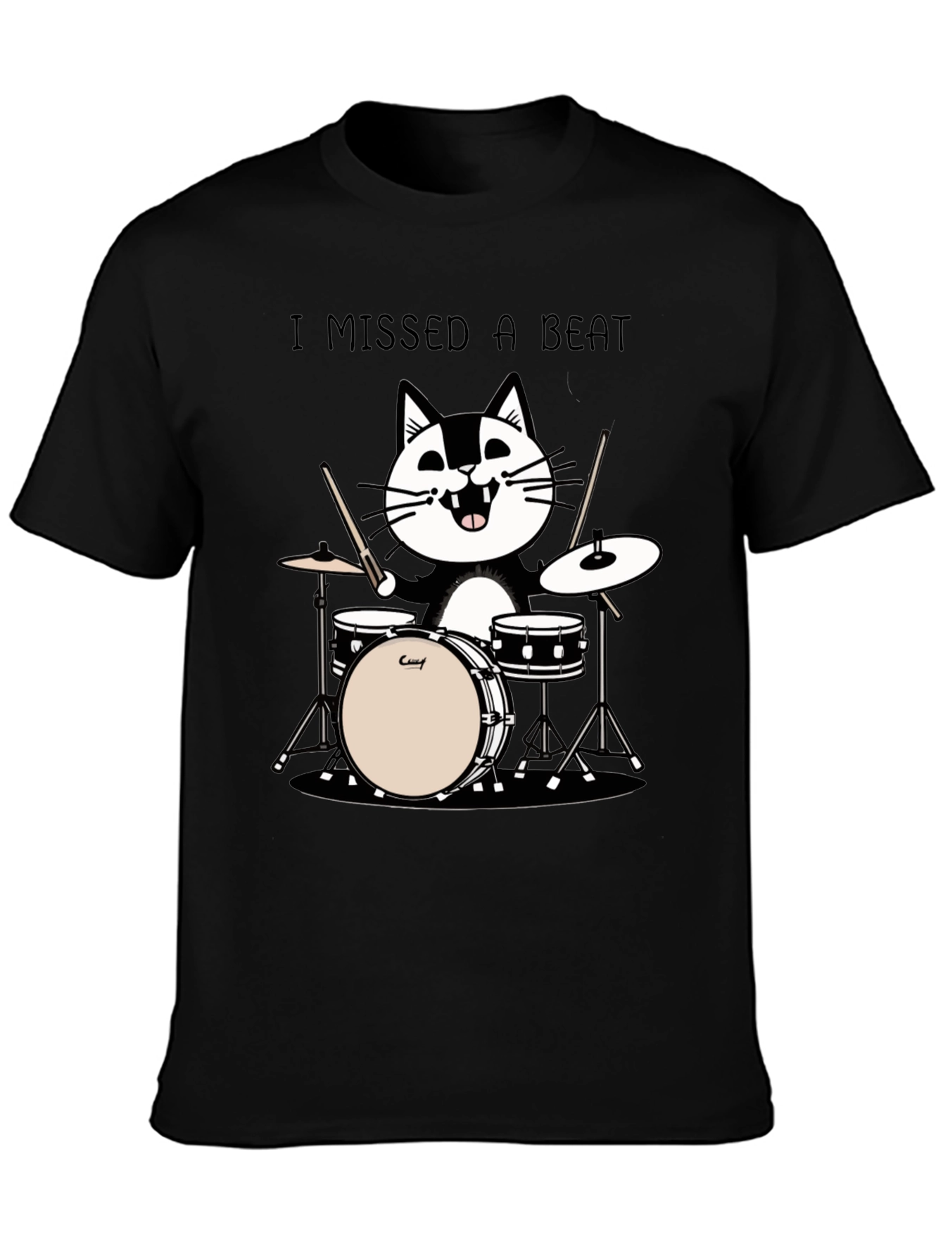 Black I Missed a Beat Cat Drummer T-Shirt view 3