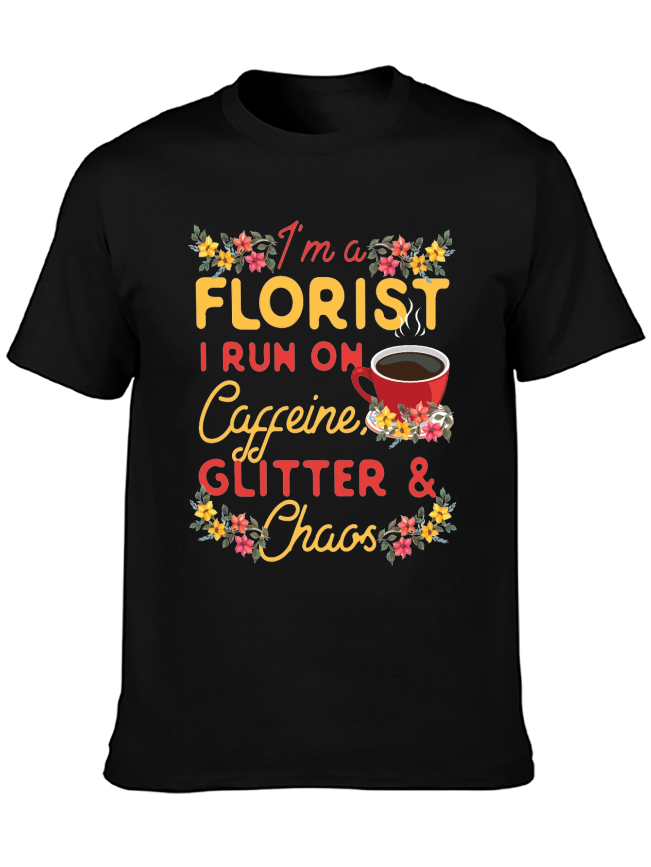 Black Florist Caffeine Glitter Chaos T-Shirt view 3