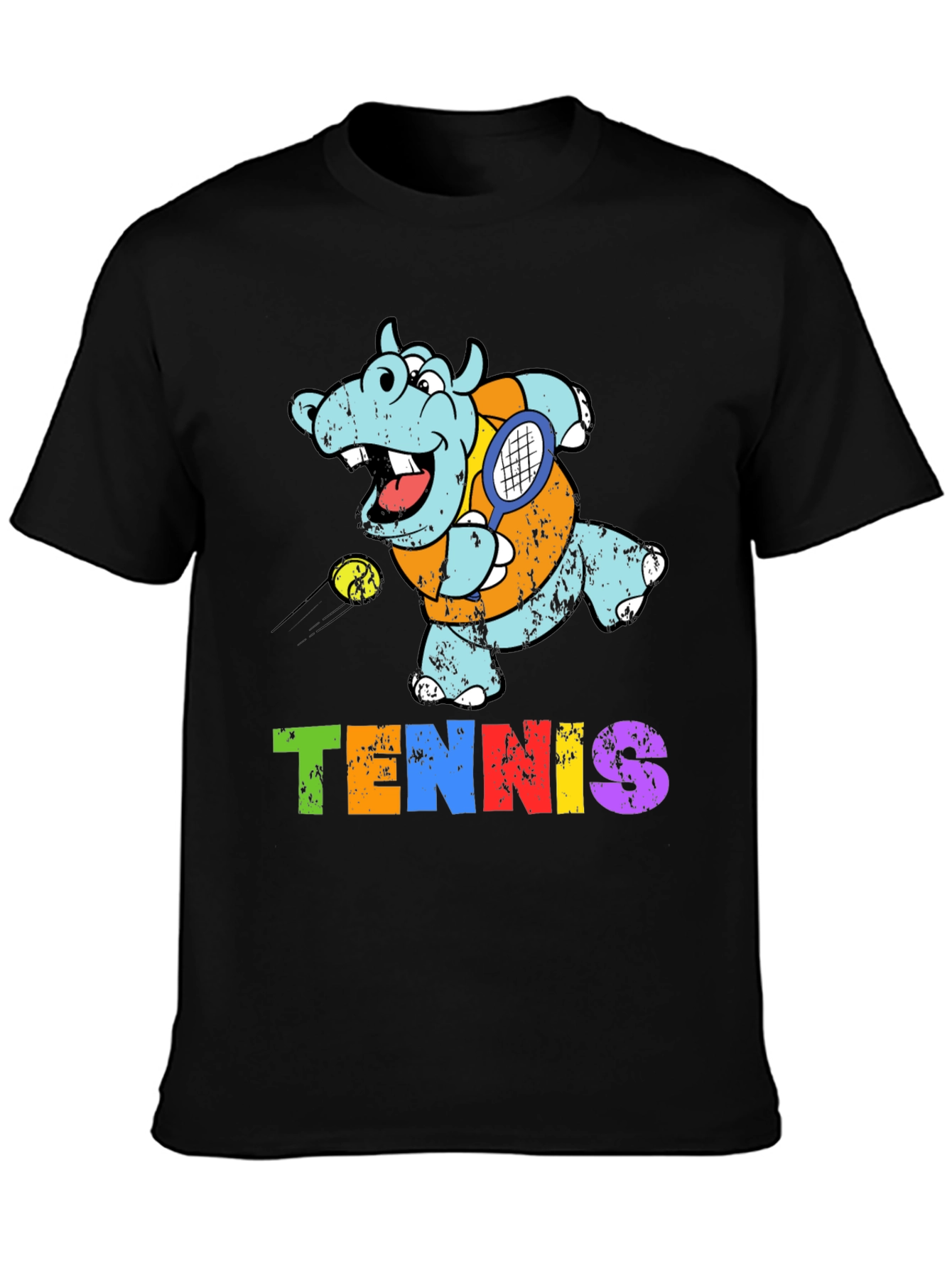 Black Cartoon Hippo Tennis Player Graphic T-Shirt view 3