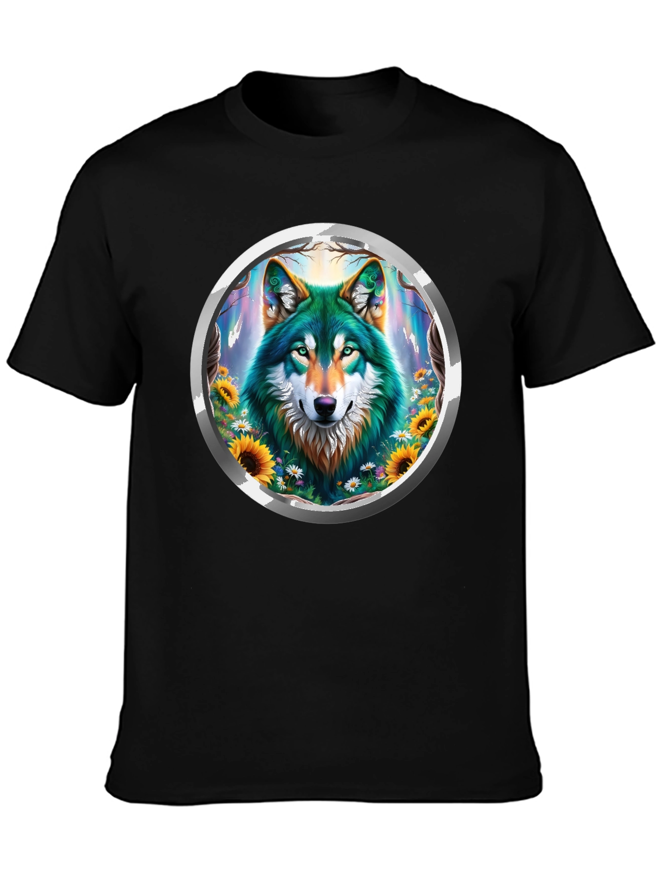 Black Wolf Circle Graphic Tee - Nature Inspired Design view 3