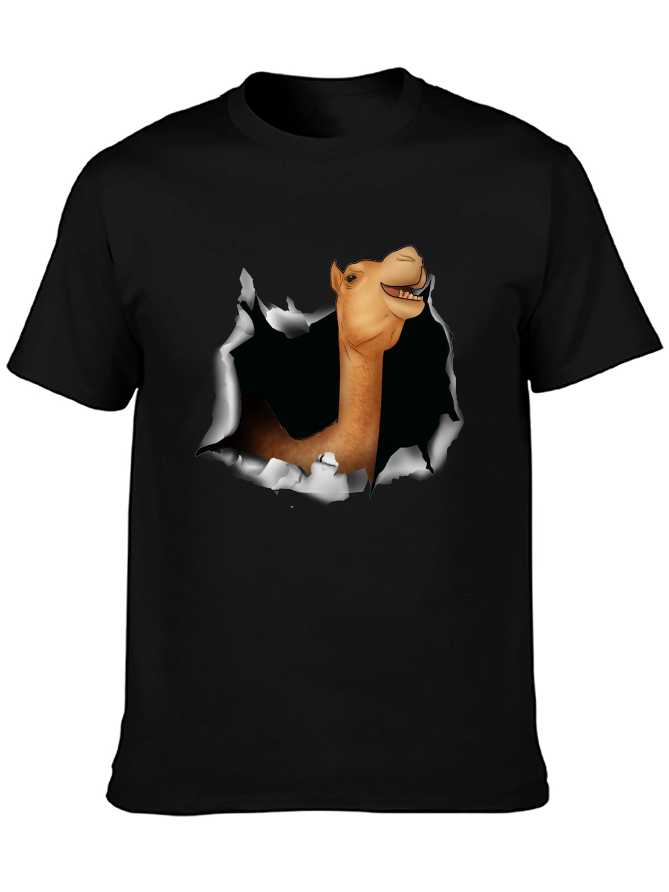 Black Camel Head Ripping Through Black T-Shirt view 3