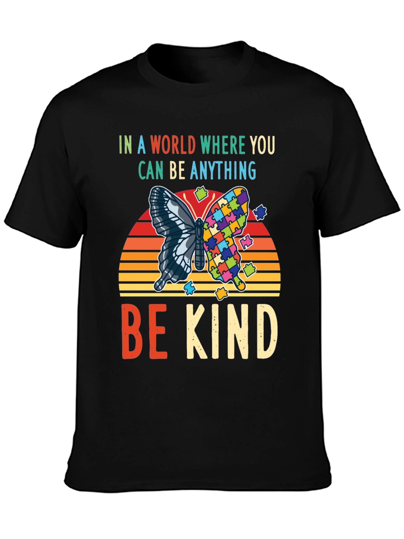 Black Be Kind Autism Awareness Butterfly T-Shirt view 3