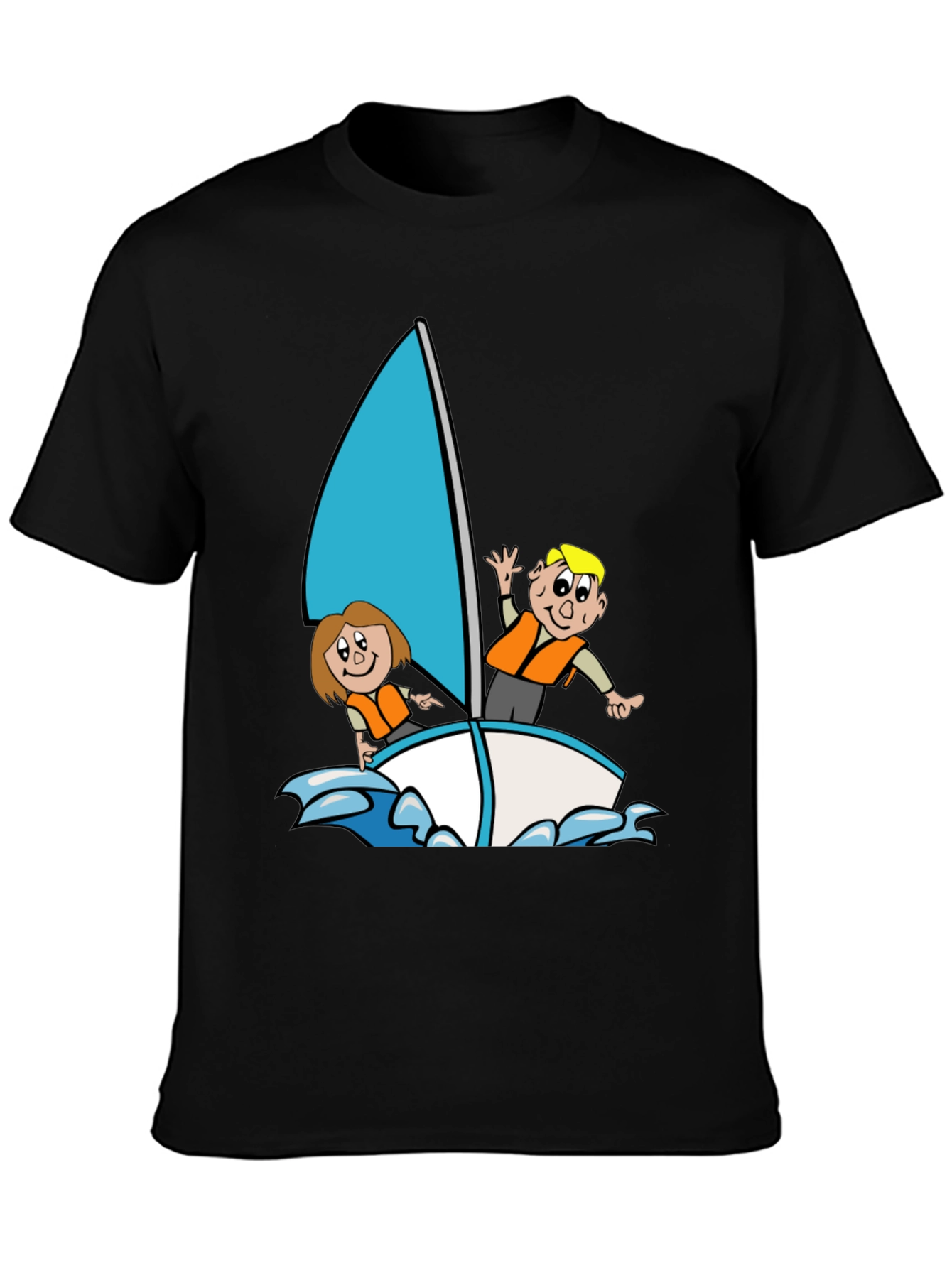Black Cartoon Sailboat Graphic T-Shirt - Black Crew Neck view 3