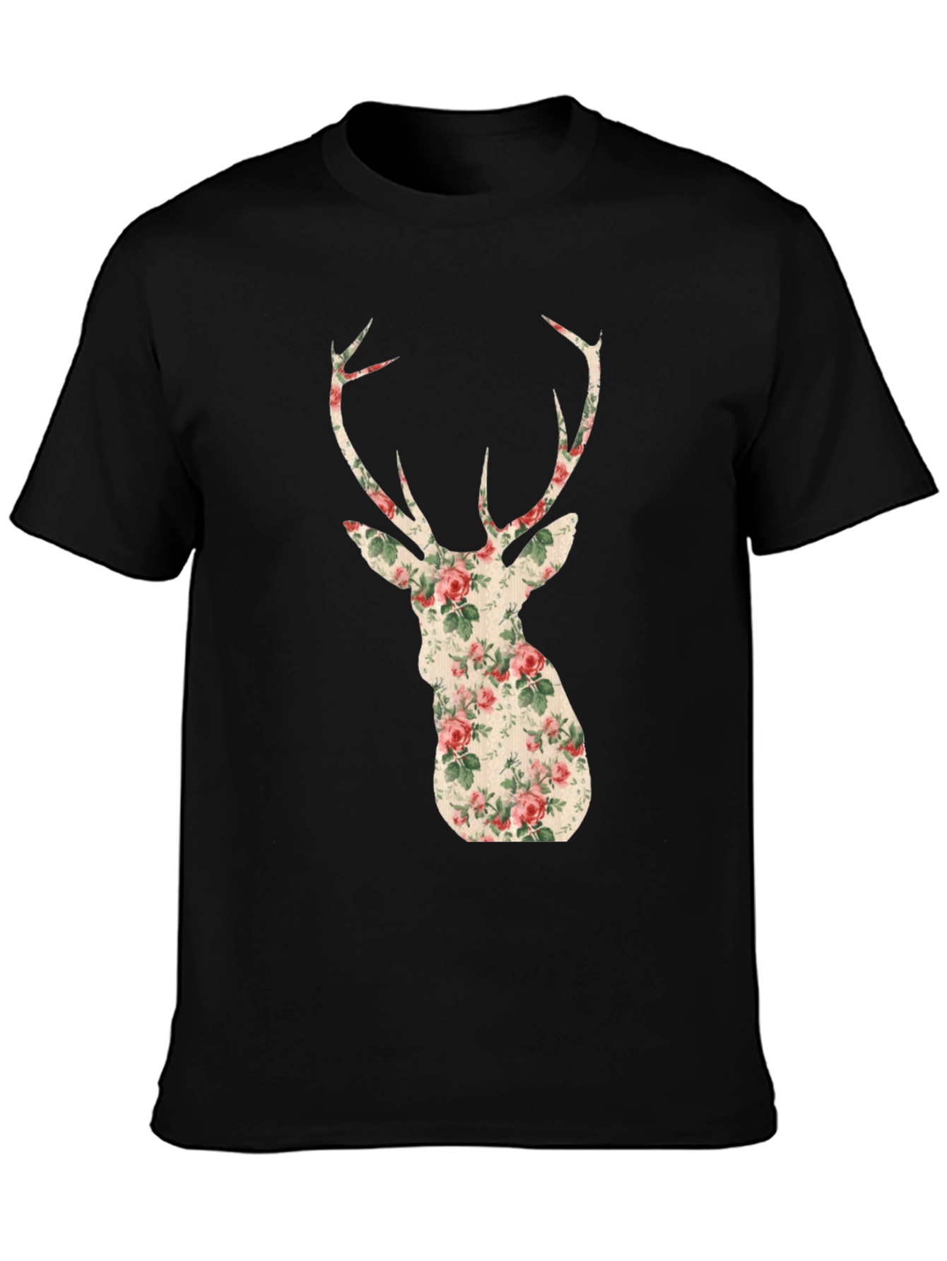 Black Floral Deer Head Graphic Tee - Trendy Animal Print view 3