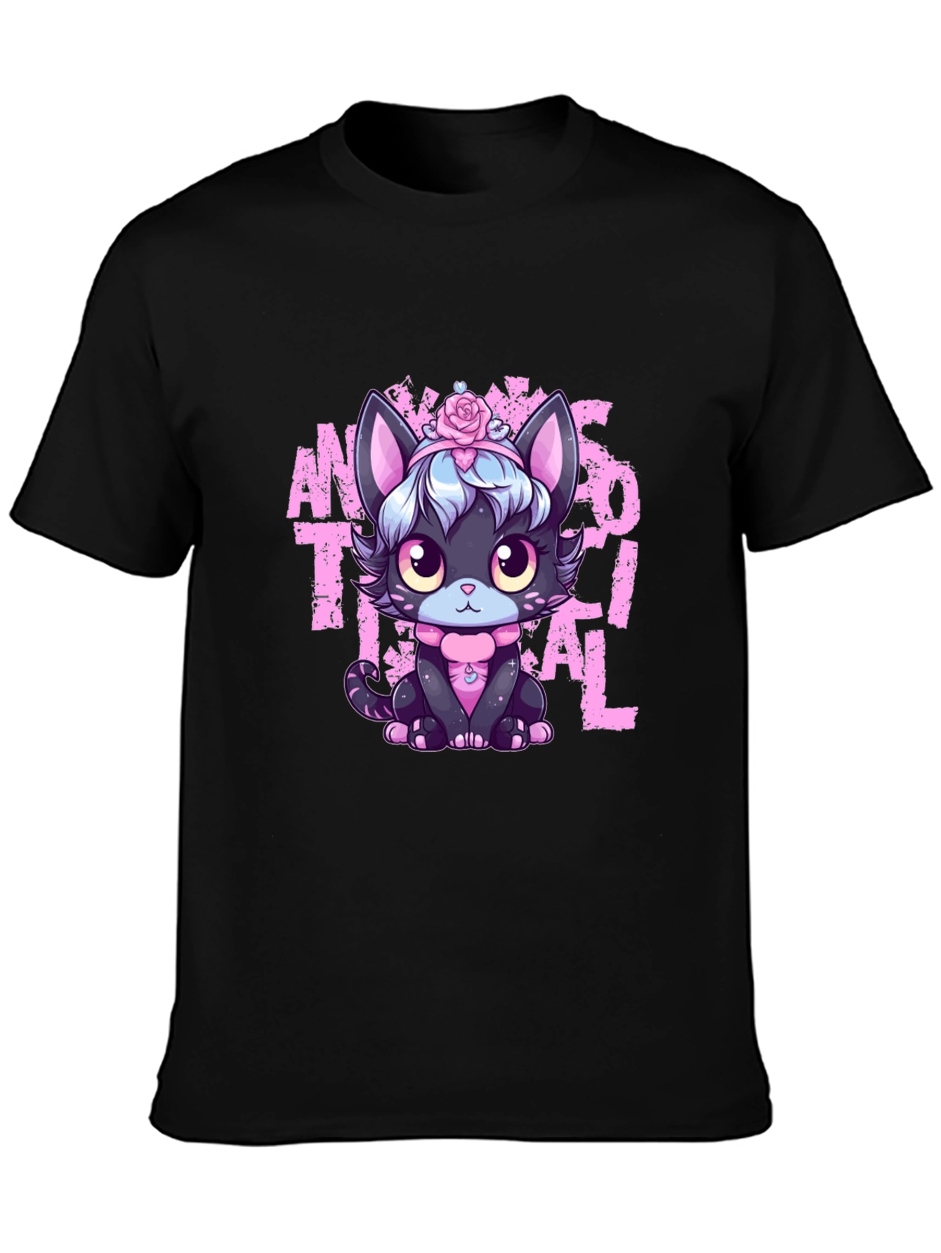 Black Anime Aesthetic Cat T-Shirt view 3