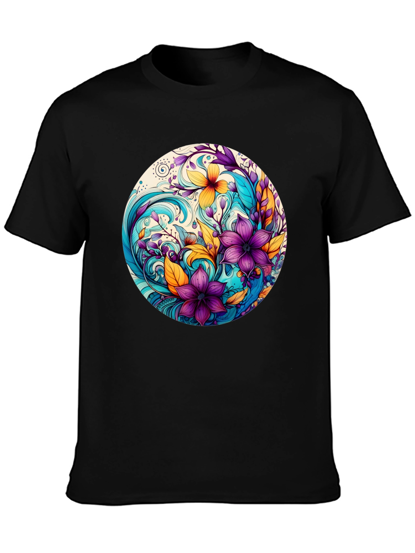 Black Floral Swirl Graphic Black T-Shirt view 3