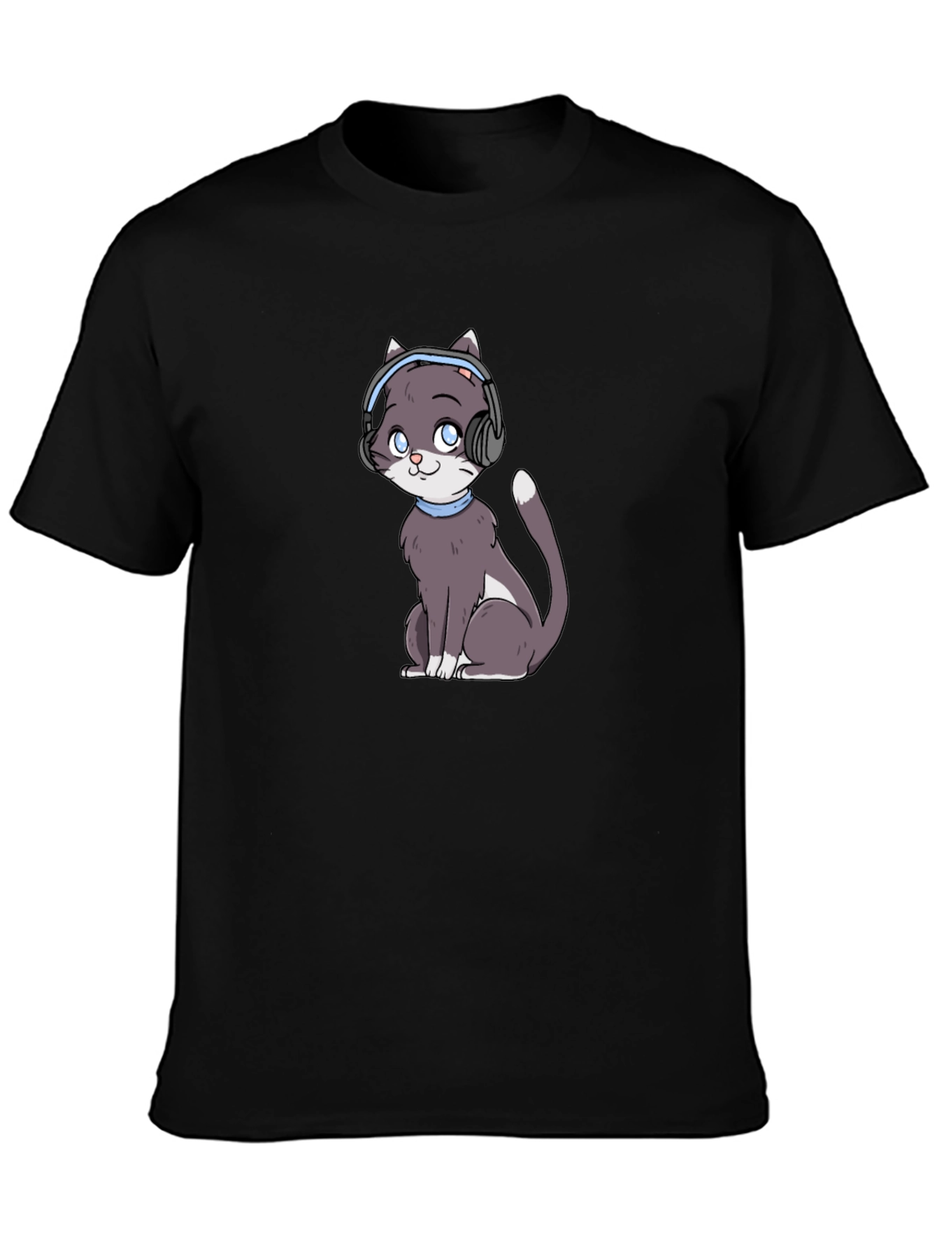 Black Cat with Headphones Black T-Shirt view 3