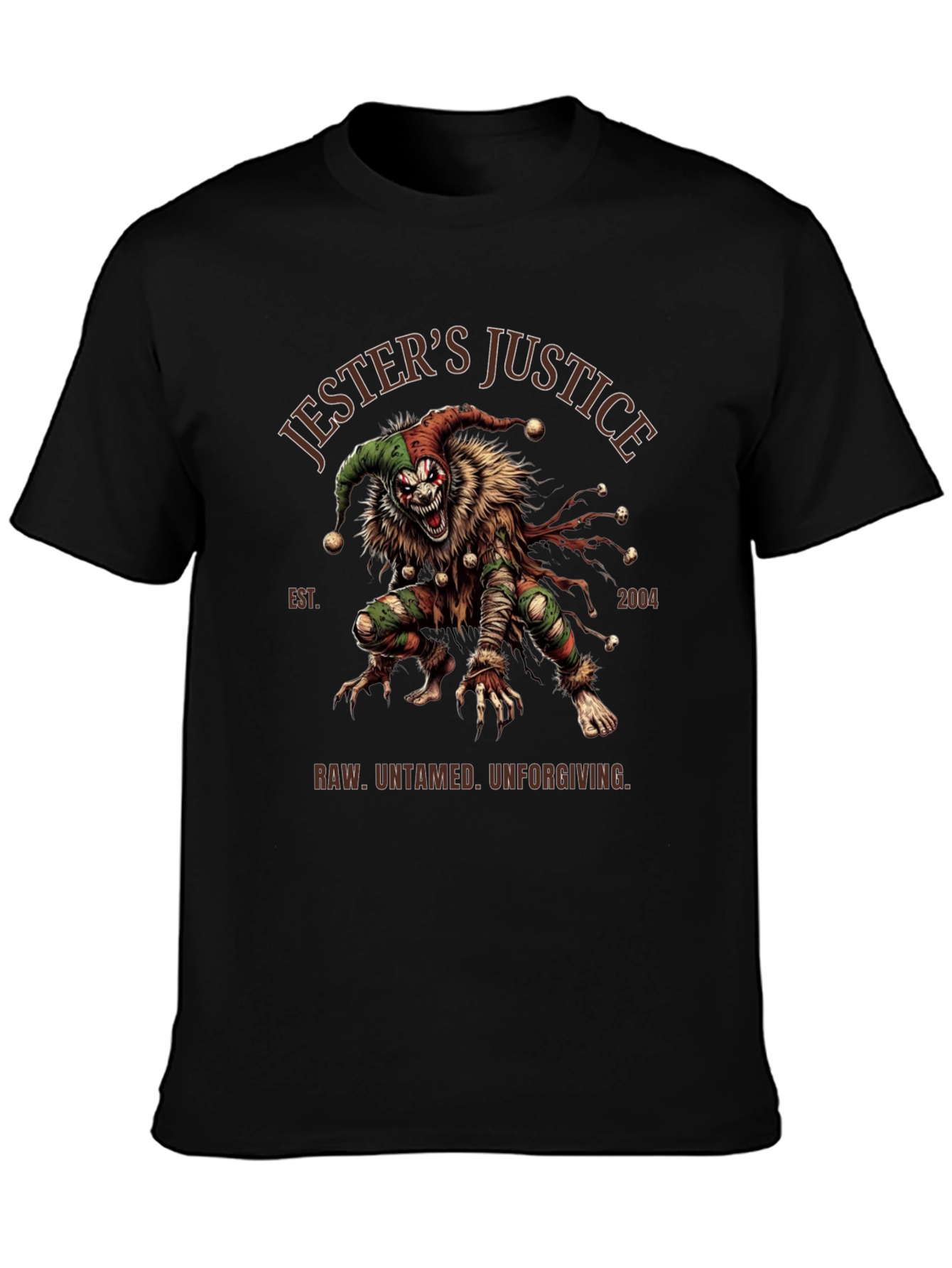 Black Jester's Justice T-Shirt: Raw, Untamed, Unforgiving Design view 3