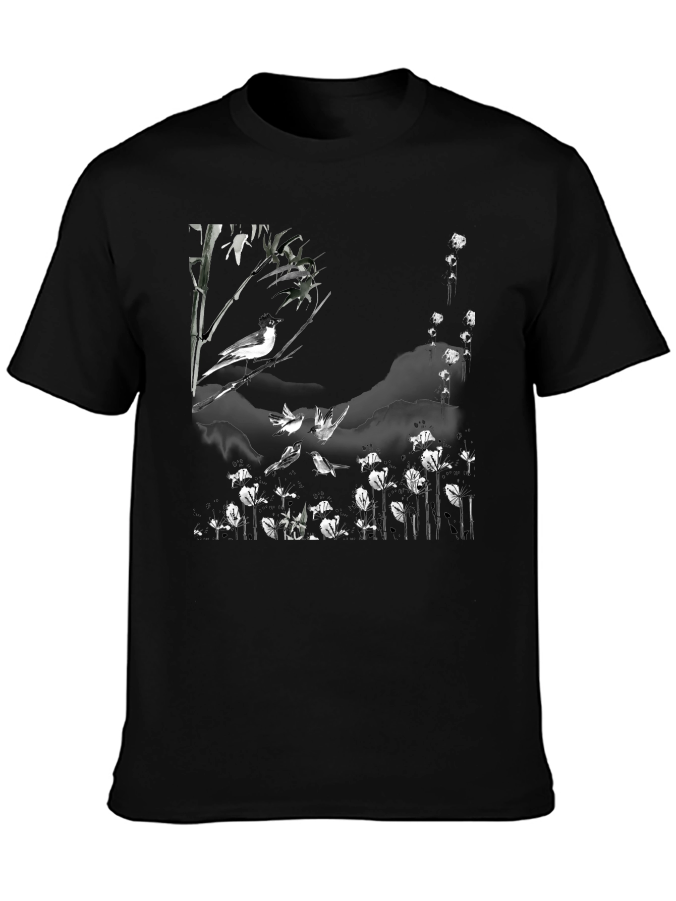 Black Bird & Bamboo Graphic Tee - Stylish Black T-Shirt view 3