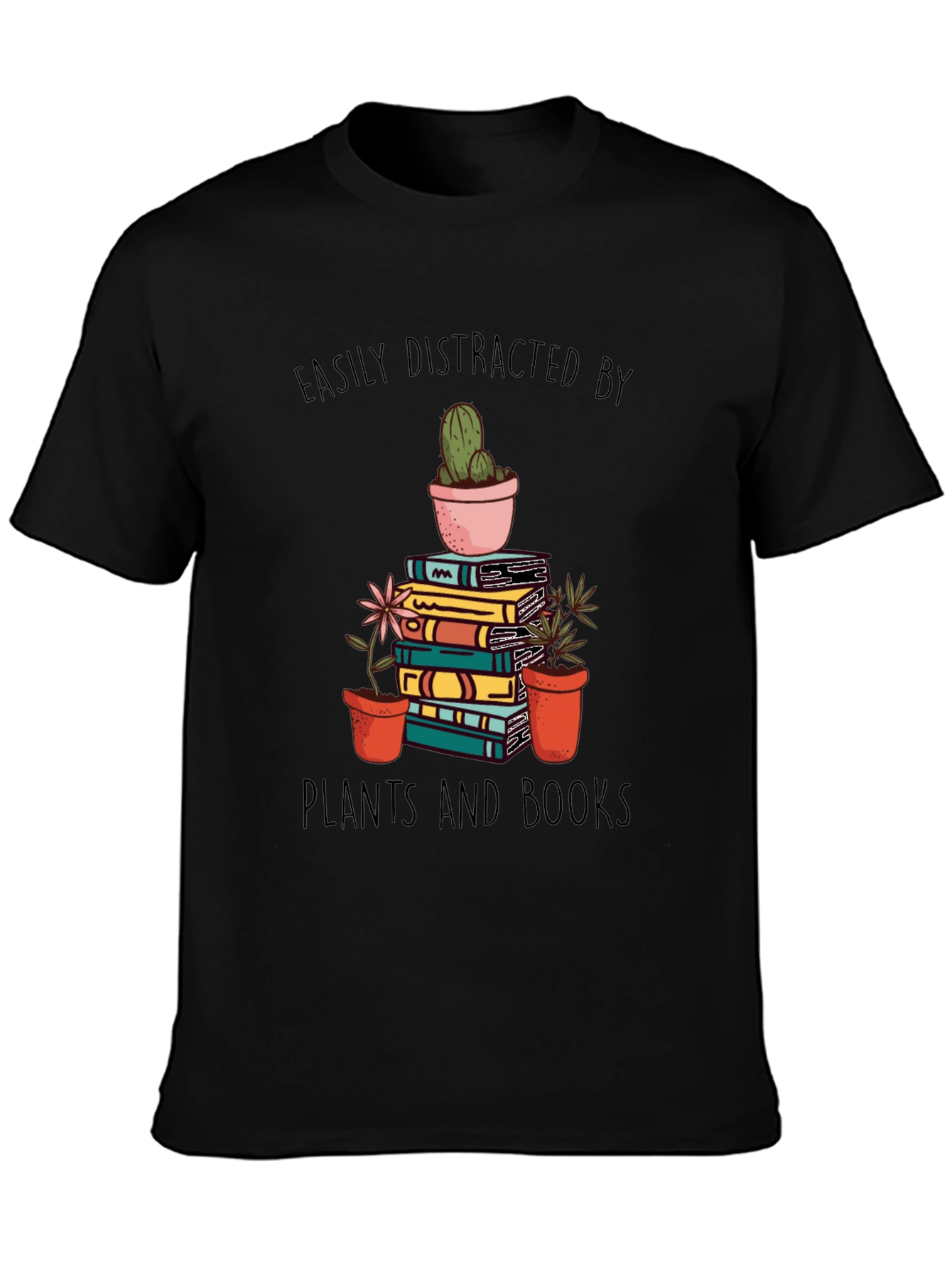 Black Easily Distracted by Plants and Books T-Shirt view 3