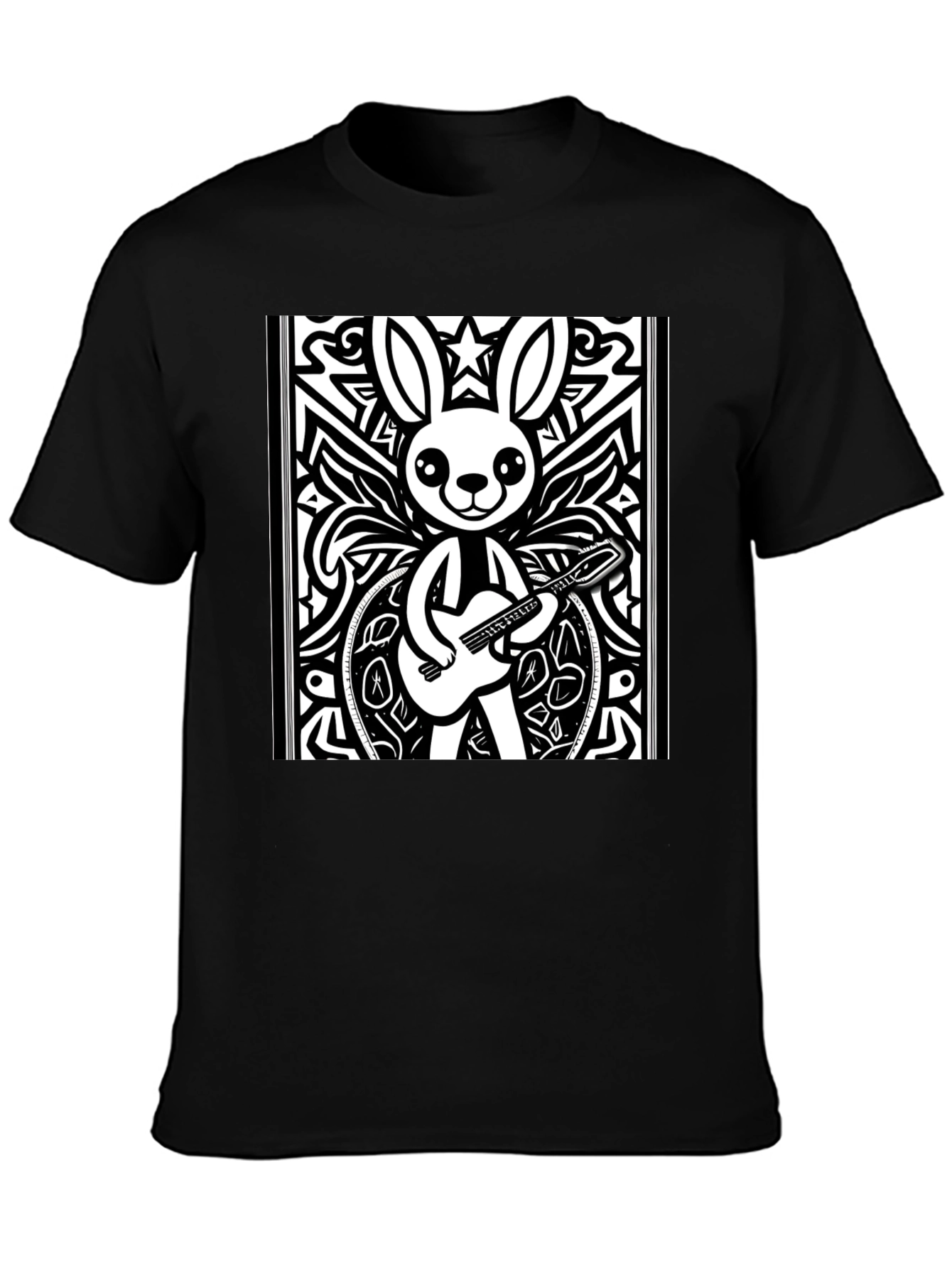 Black Cartoon Rabbit Guitarist Black T-Shirt view 3