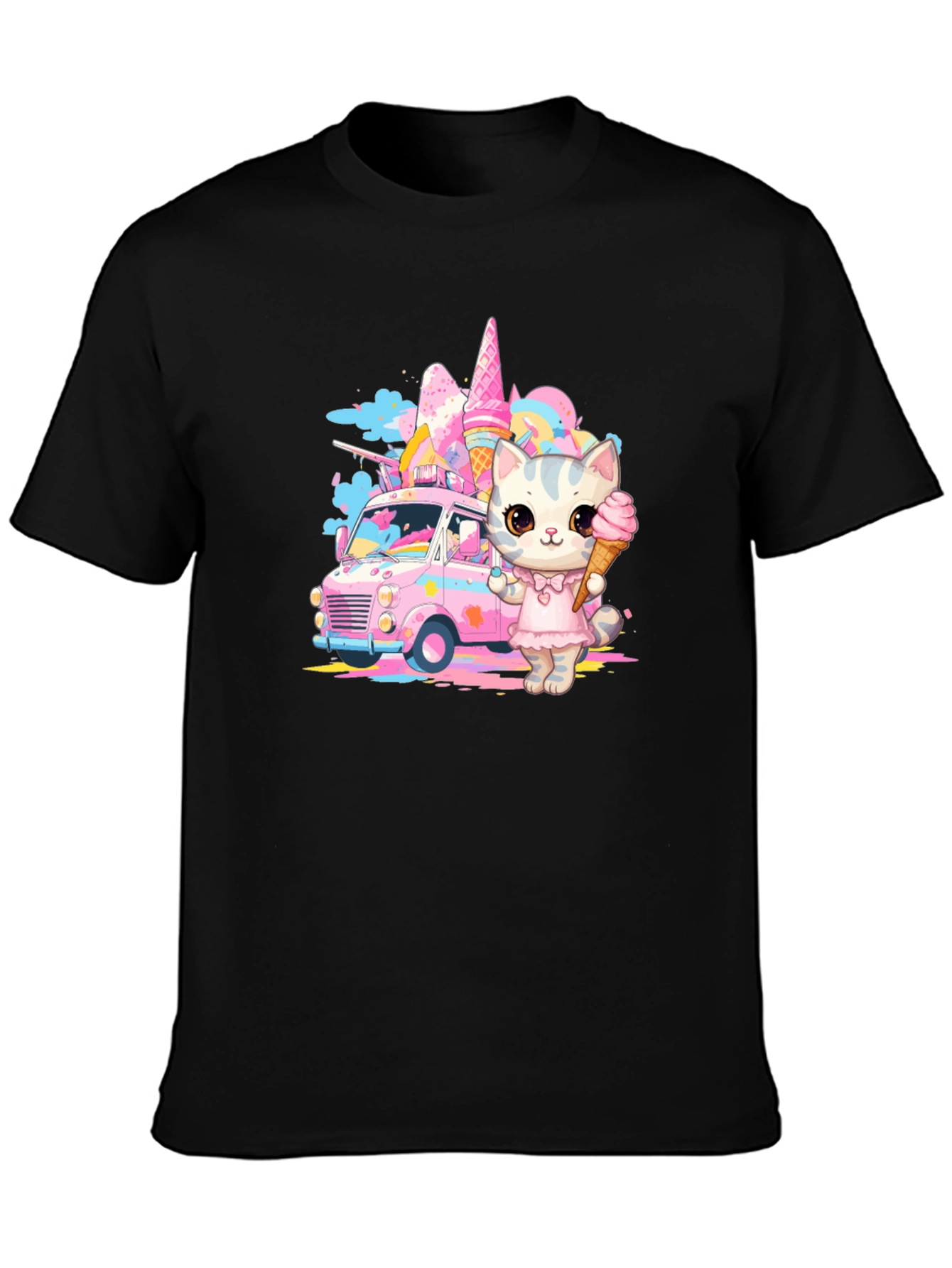Black Cute Cat Ice Cream Truck Graphic T-Shirt view 3